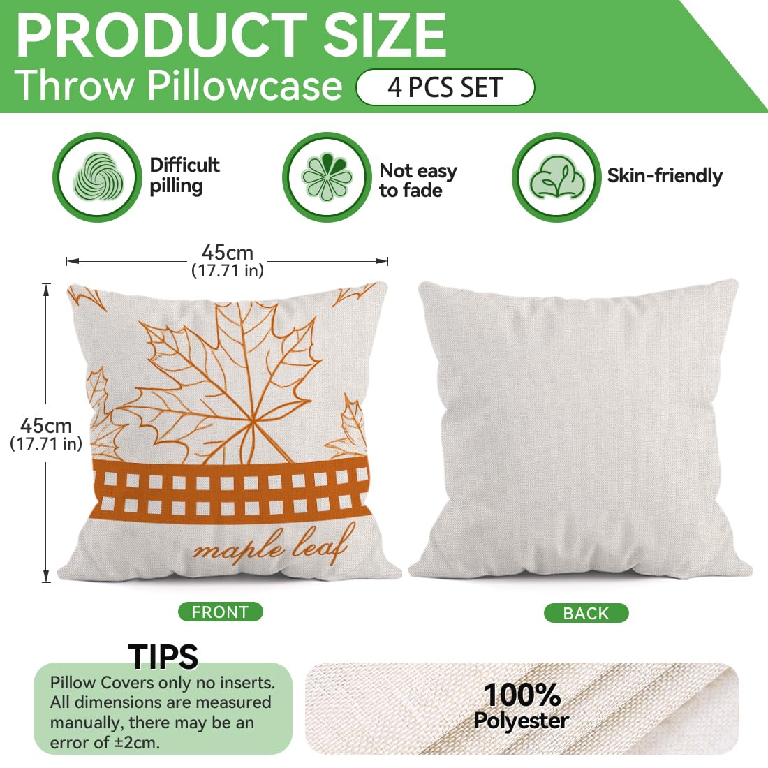 LANBEIDE Orange Pumpkin Maple Autumn Cushion Cover 45x45 Set of 4 - Image 3