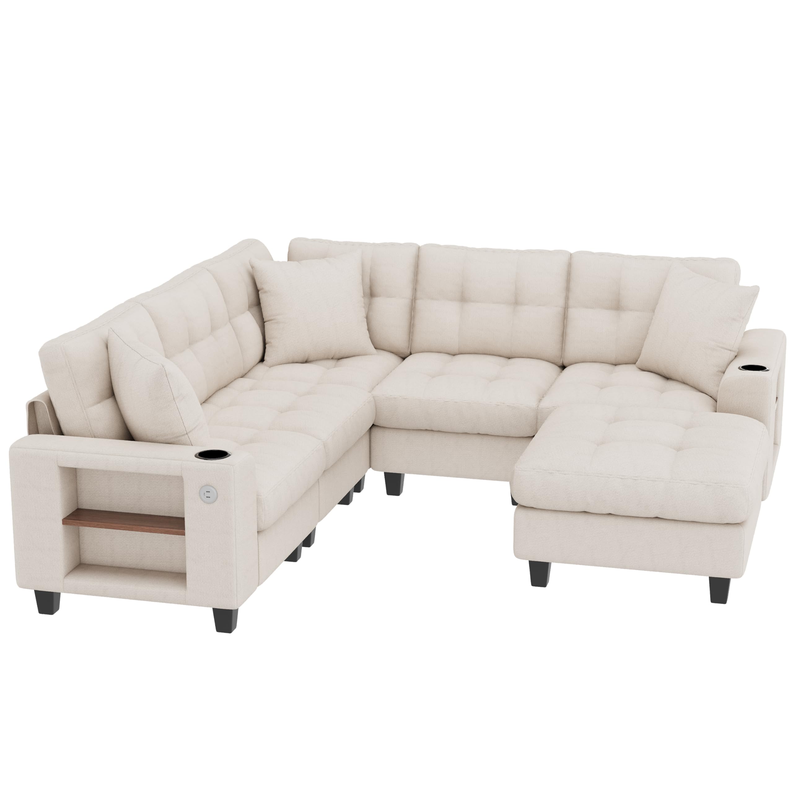 Sapgaks Sofá modular moderno de 6 plazas, con USB y portavasos, sofá de esquina modular muy grande en forma de U/L, con reposapiés extraíble y apoyabrazos con estantería, tela de chenilla, beige