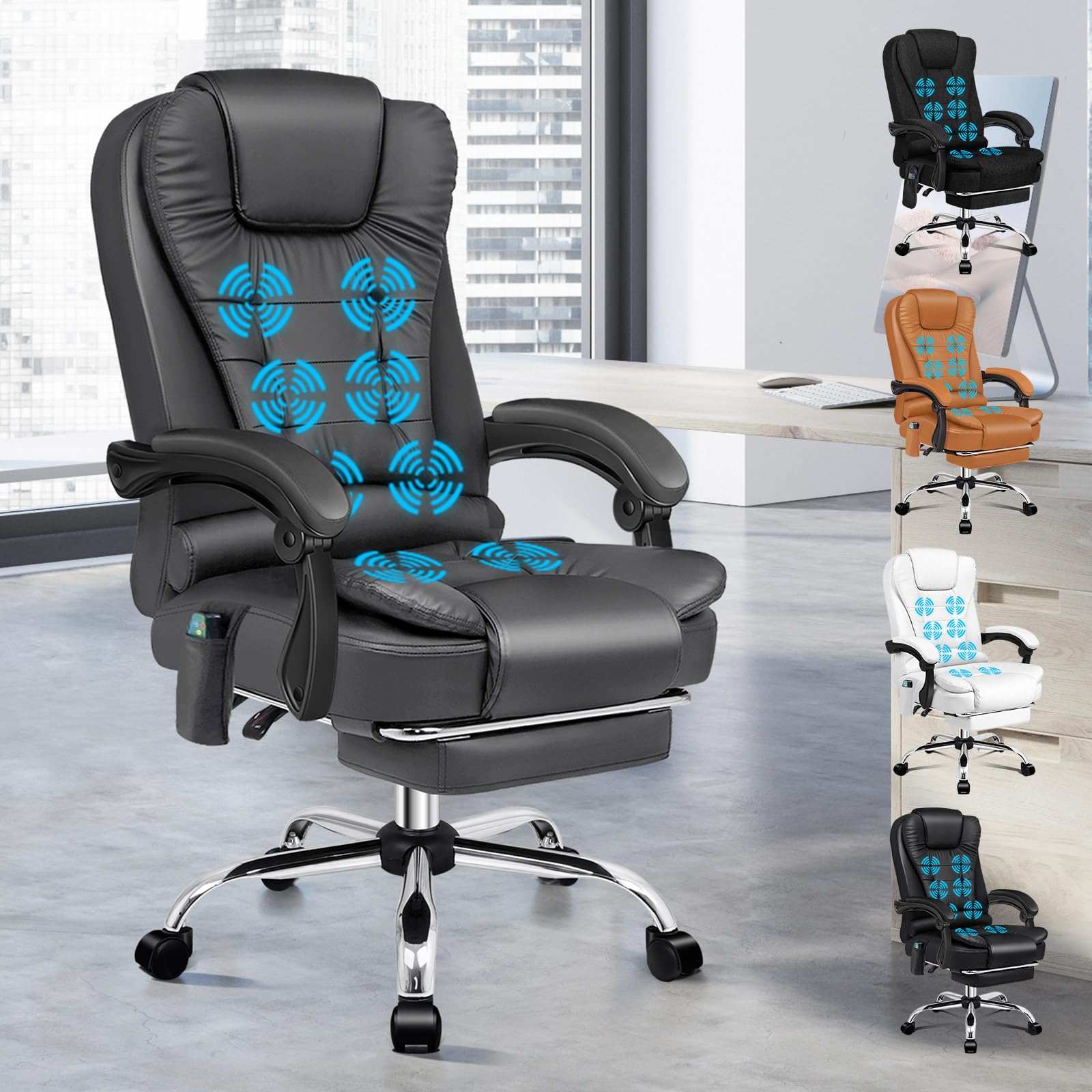 ALFORDSON Chefsessel Ergonomisch Bürostuhl Wärmemassagefunktion, Schreibtischstuhl Einziehbare Fußstütze, Besprechungsstuhl höhenverstellbarer, Drehstuhl Neigungswinkel 90°-150°,PU-Leder Grau