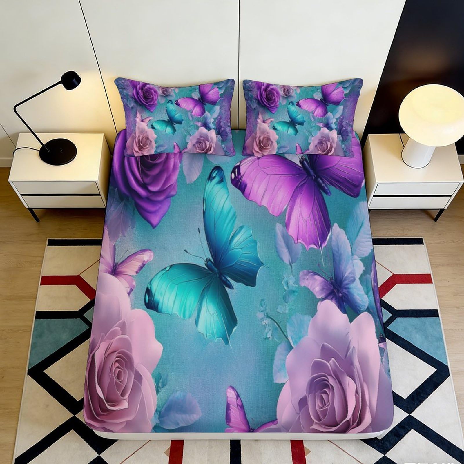 3D Printed Eiffel Tower Blossom Fitted Sheet Microfiber Deep Pocket Bedroom Paris Mattress Fitted Cover Non-Slip Washable Home 160x200x25cm
