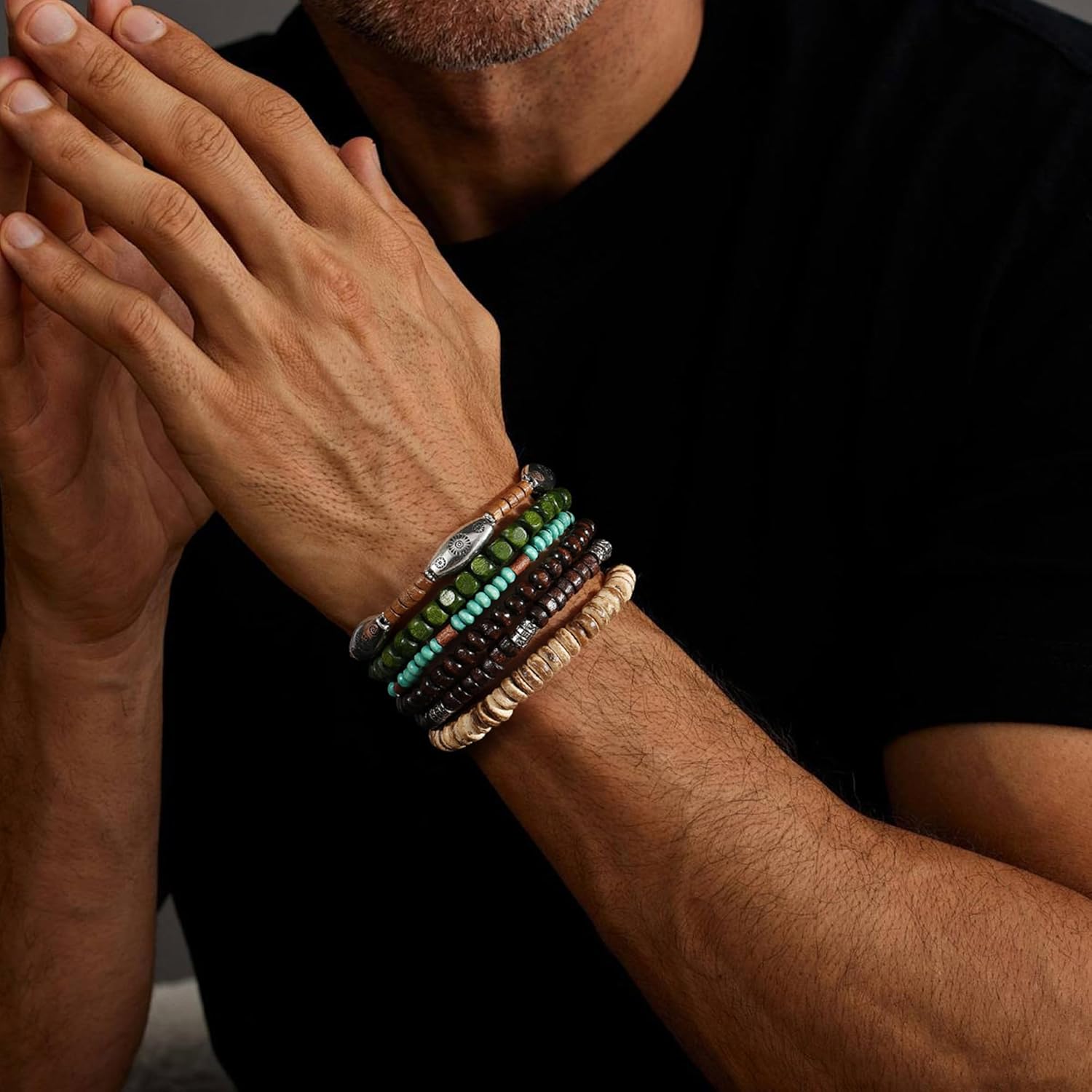 43Pcs Wooden Beaded Bracelets for Men Bulk Bracelets Punk Vintage Adjustable Gothic Bracelet Pack Pulseras Para Hombres Set - Image 2