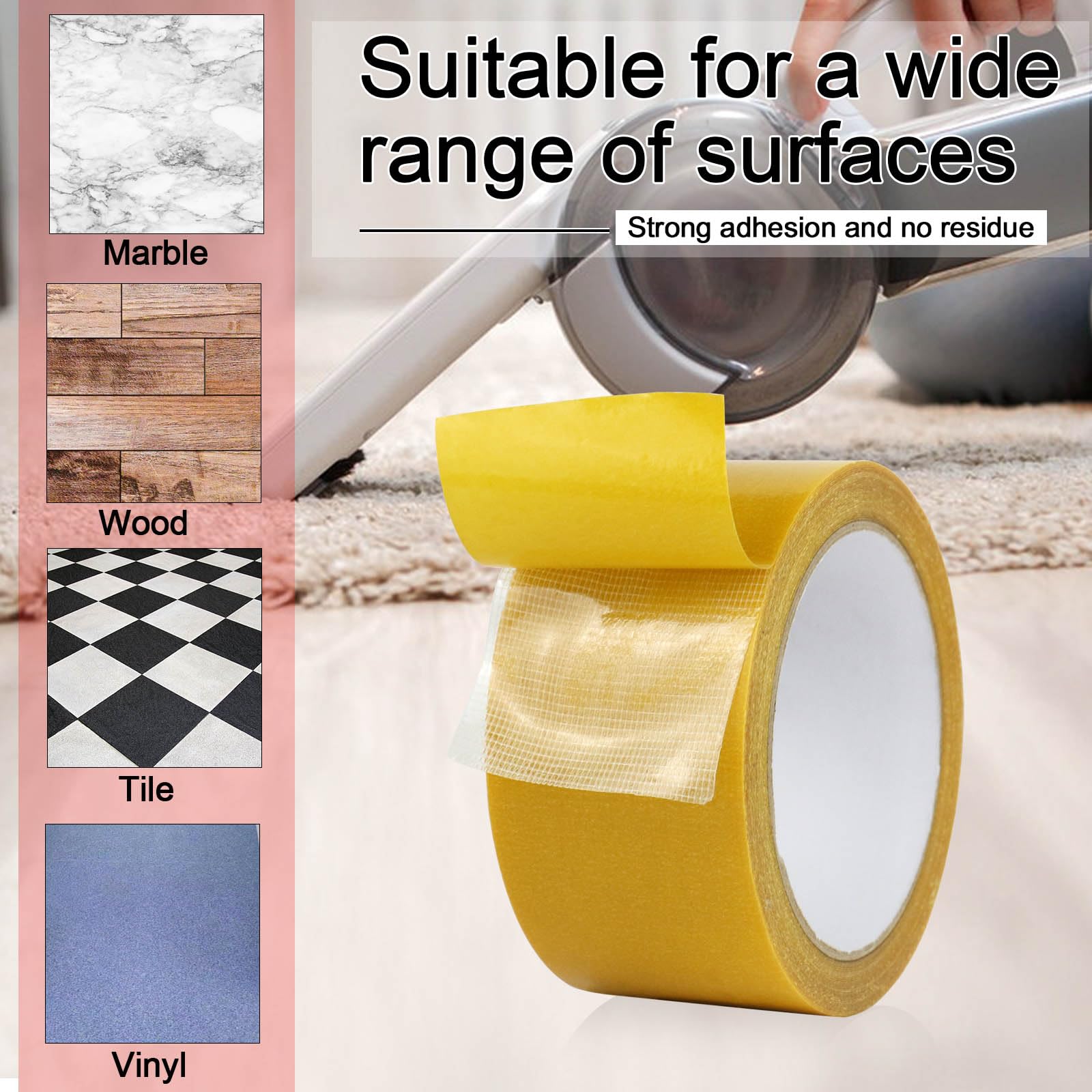 BOMEI PACK Lot de 3 rouleaux de ruban adhésif double face en papier jaune 50 mm x 20 m pour tapis, sol, décoration murale et loisirs créatifs