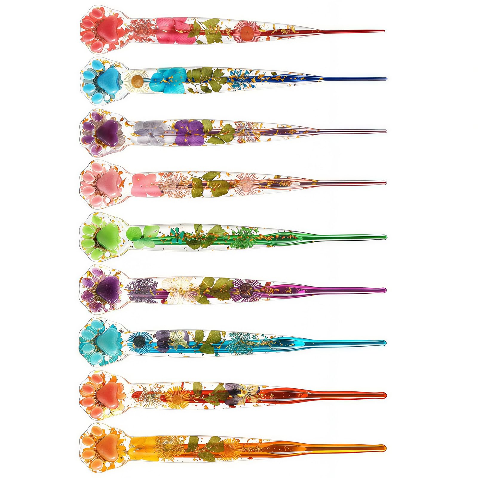 Juego de 9 agujas de ganchillo con patrón de flores de gatito, mango ergonómico de resina, juego de ganchos de ganchillo de aluminio para tejer agujas de colofonia