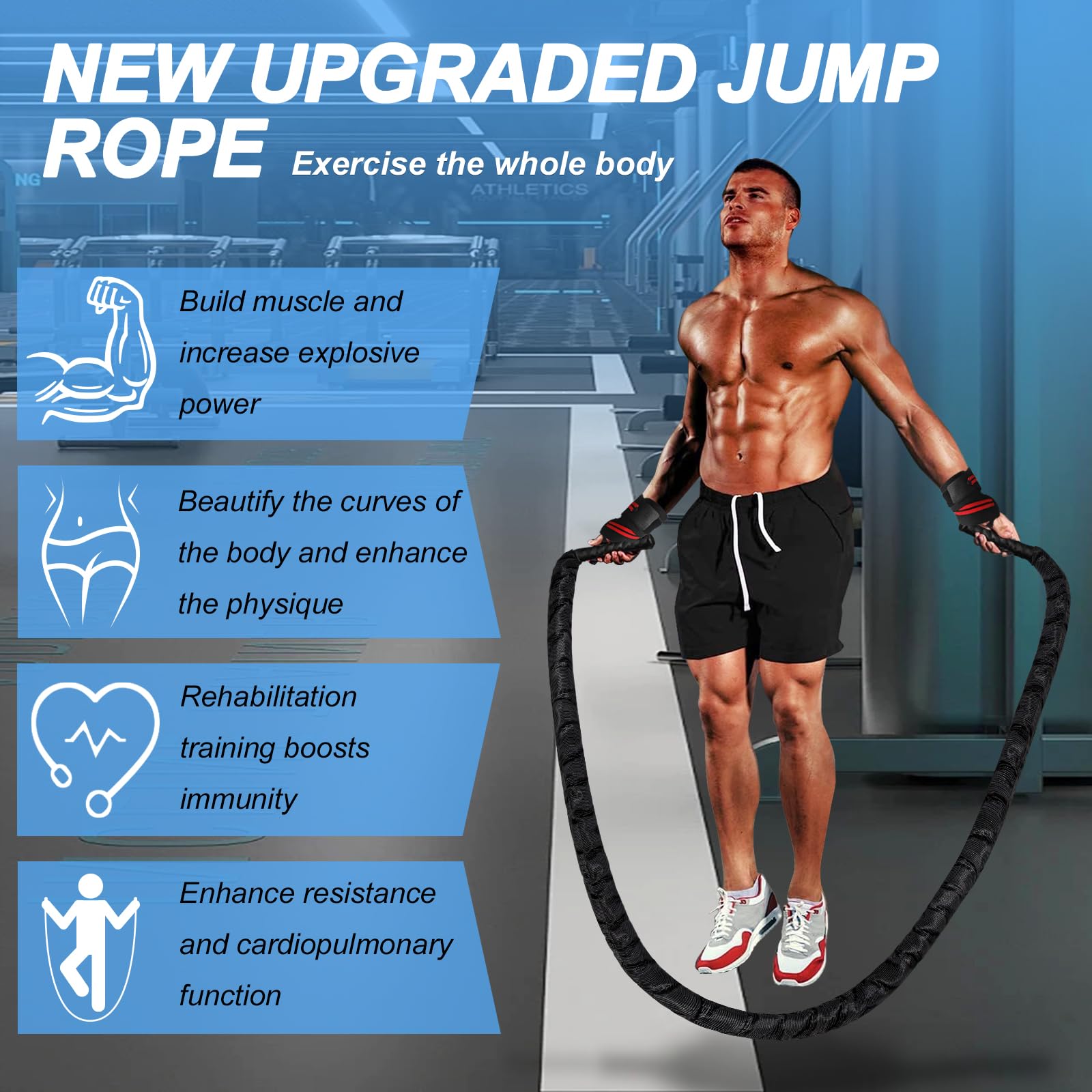 Springseil, gewichtetes Springseil für Fitness, schwere Springseile für Männer und Frauen, Training, Muskelkraft, Zuhause, Fitnessstudio, Workout-Ausrüstung, 38 mm x 3 m, Schwarz