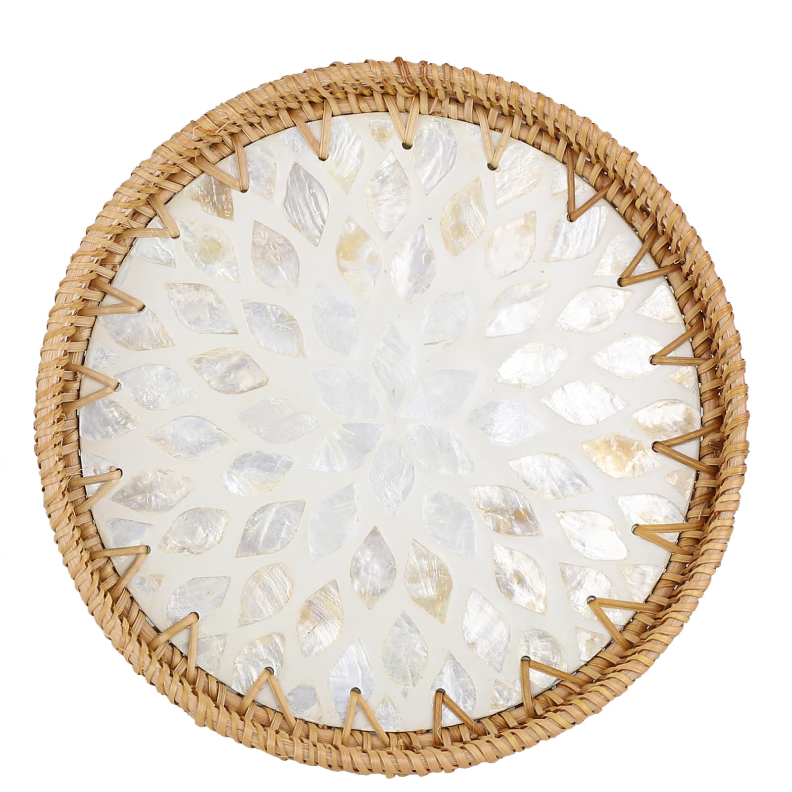 Natural woven rattan round storage tray, inlaid with mother-of-pearl, handcrafted tray suitable for snacks, bread, breakfast, etc., eco-friendly home and tabletop decoration
