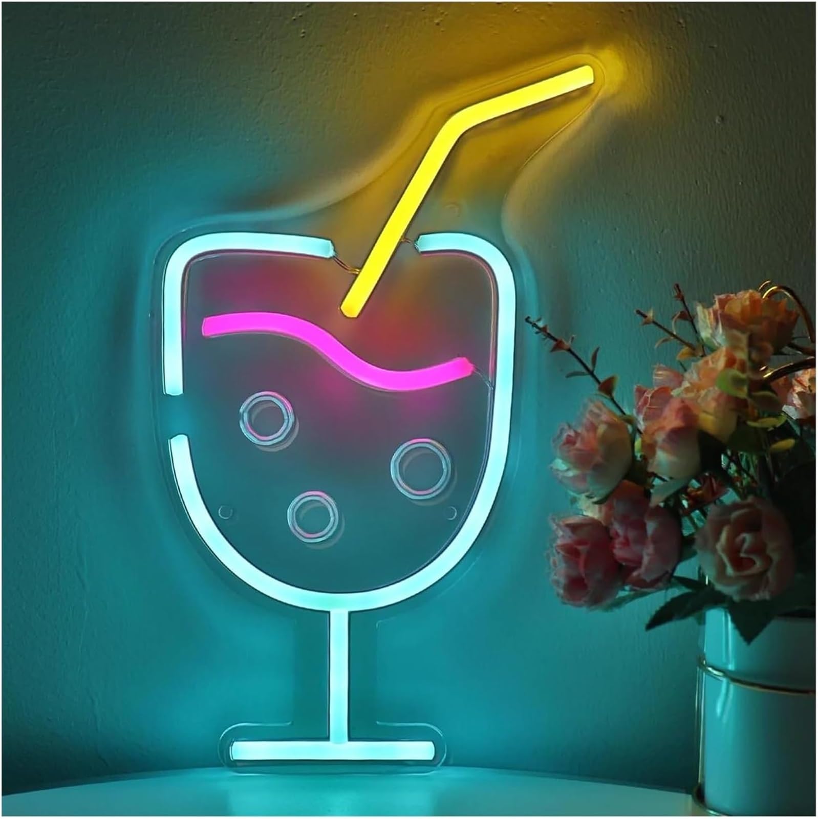 Letrero de neón Letrero luminoso de neón con forma para vaso cóctel y zumo, regulable, 18,5 x 29,4 cm
