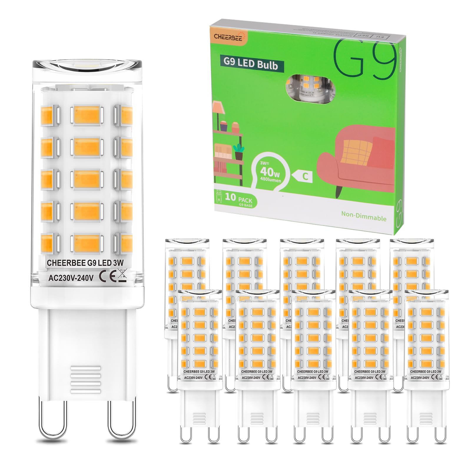 CHEERBEE G9 LED Bulbs Warm White 2700K, 3W Equivalent to 28W 33W 40W Halogen, 480LM Energy Efficiency Class C, No Flicker Non-Dimmable for Home Lighting Decor 10 Pack