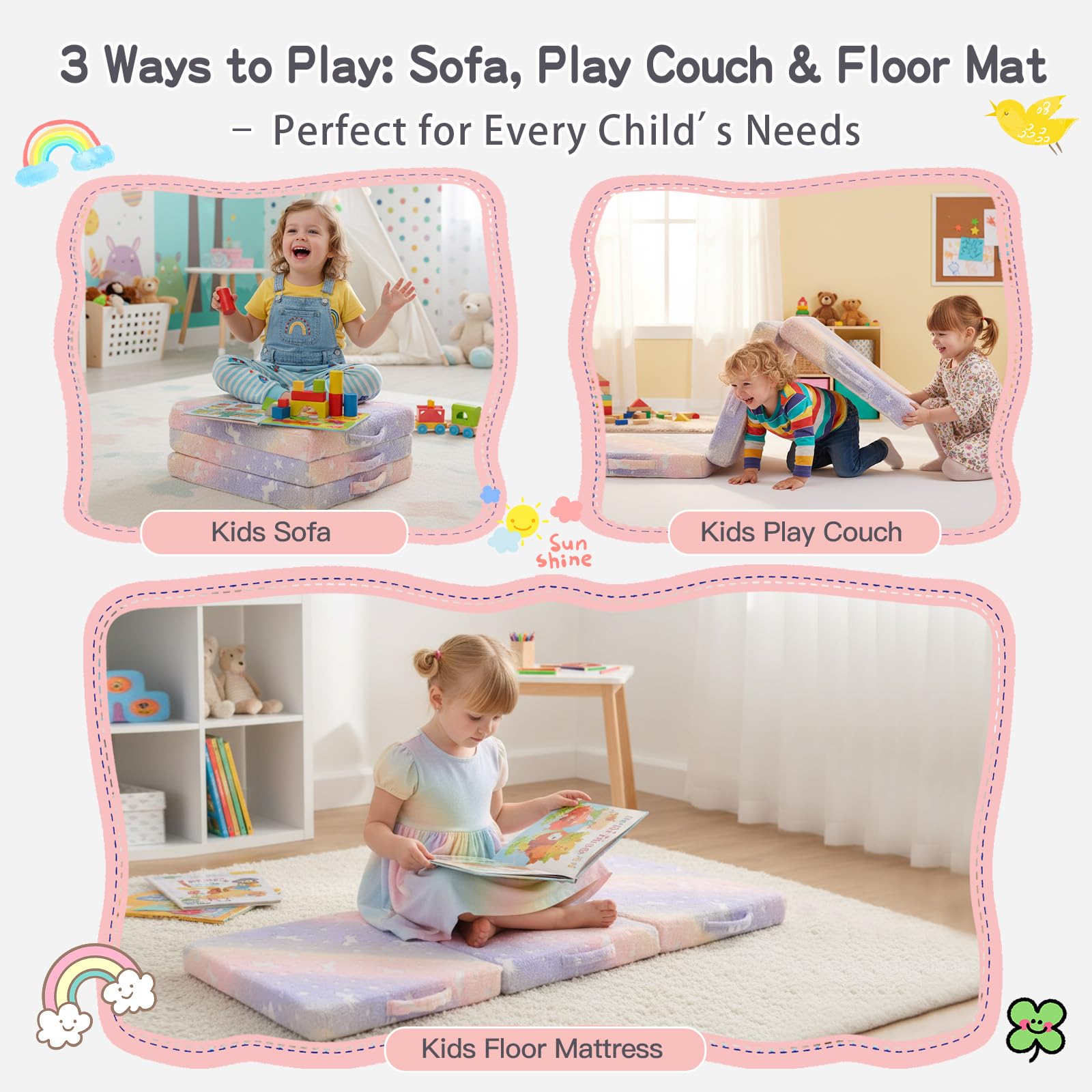 Tiita Trifold Bodenmatratze für Kinder, 145 x 56 x 8 cm Glow in The Dark Baby Kinder Futon mit abnehmbarem Bezug, Kleinkind Boden Bett Nap Matte mit Aufbewahrungstasche, Pink Pegasus