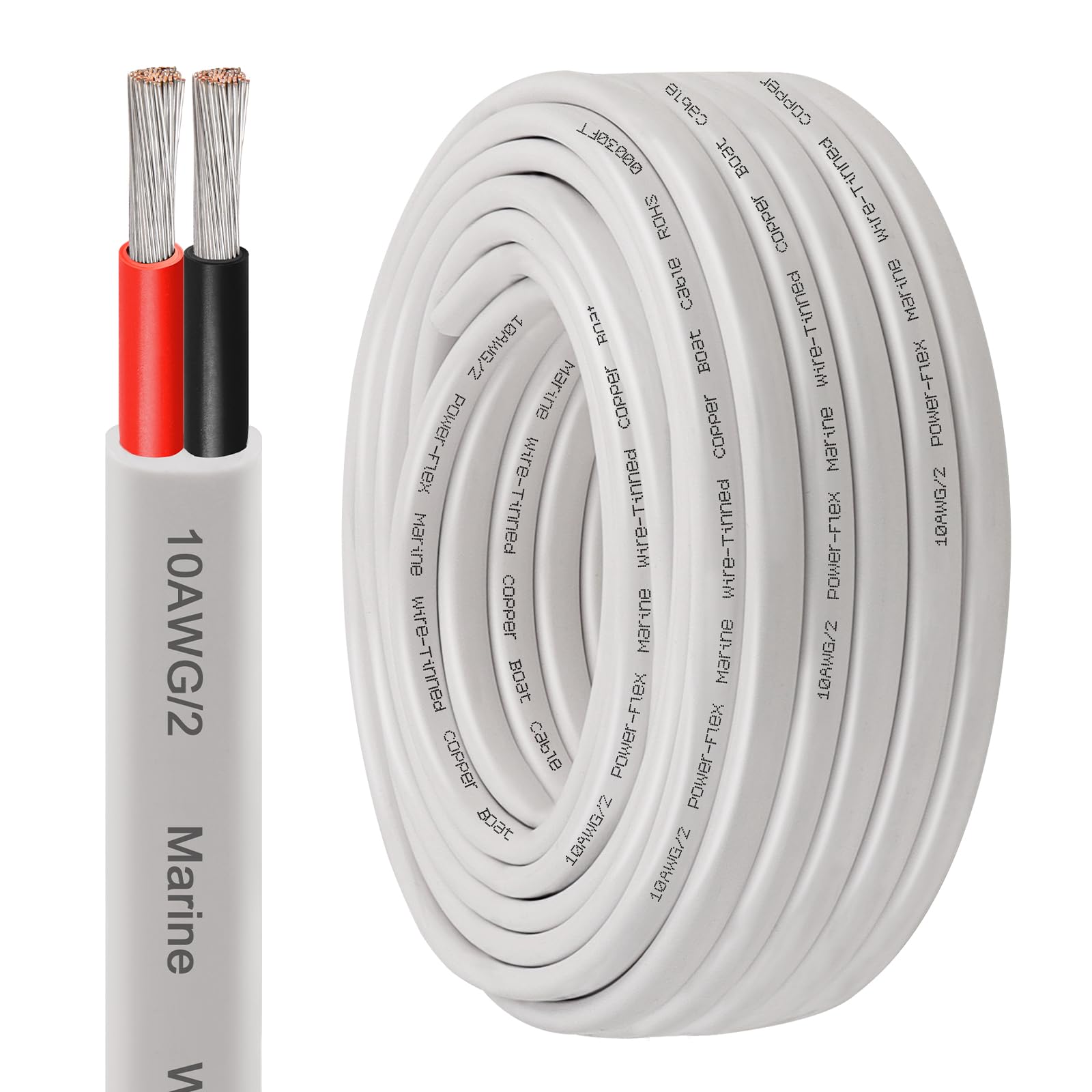 XRDS -RF 10 AWG Marine Wire 50FT, 2-Conductor (Red & Black) Duplex Marine Grade Boat Cable, High-Purity Tinned Copper Stranded Electrical Wire for Boats, Marine & Automotive - Flexible PVC Jacket