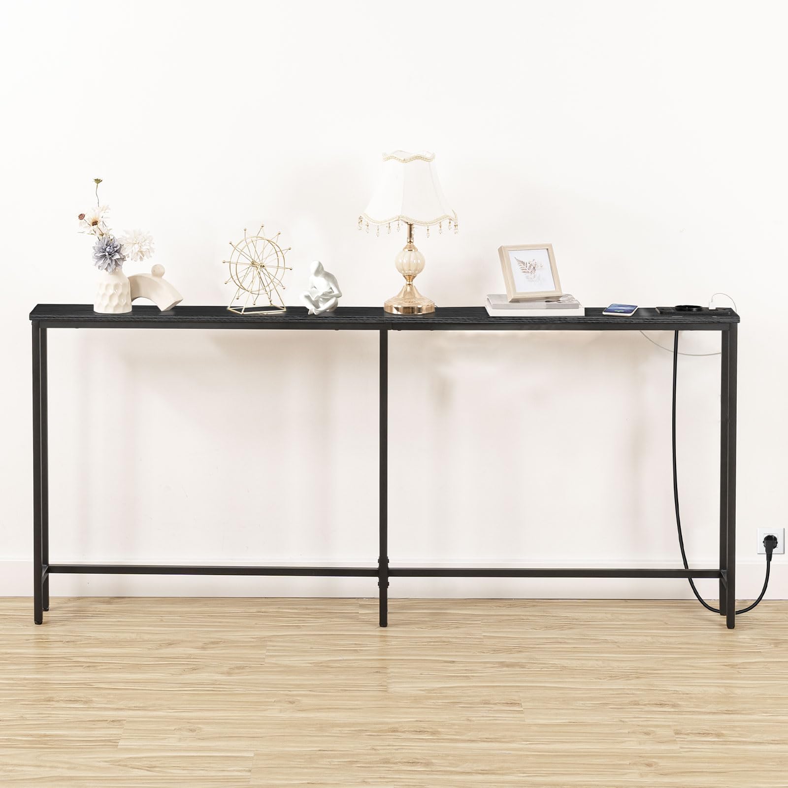 SUPERJARE Consoletafel van 70,9 inch met 2 uitgangen en 2 USB-poorten, extra lange entreetafel met metalen frame en X-vormig ontwerp, smalle banktafel voor woonkamer en hal - rustiek bruin SUPERJARE Consoletafel van 70,9 inch met 2 uitgangen en 2 USB-poorten, extra lange entreetafel met metalen frame en X-vormig ontwerp, smalle banktafel voor woonkamer en hal - rustiek bruin