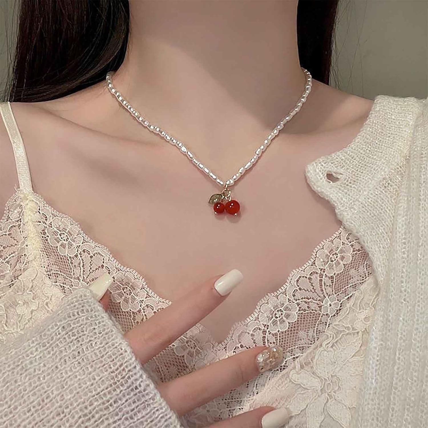 Vintage Red Cherry Pendent Necklace Gold Pearl Choker Necklace Cherry Pearl Necklace Acrylic Cherry Necklace Weddings Pearl Necklace Jewelry for Women - Image 2
