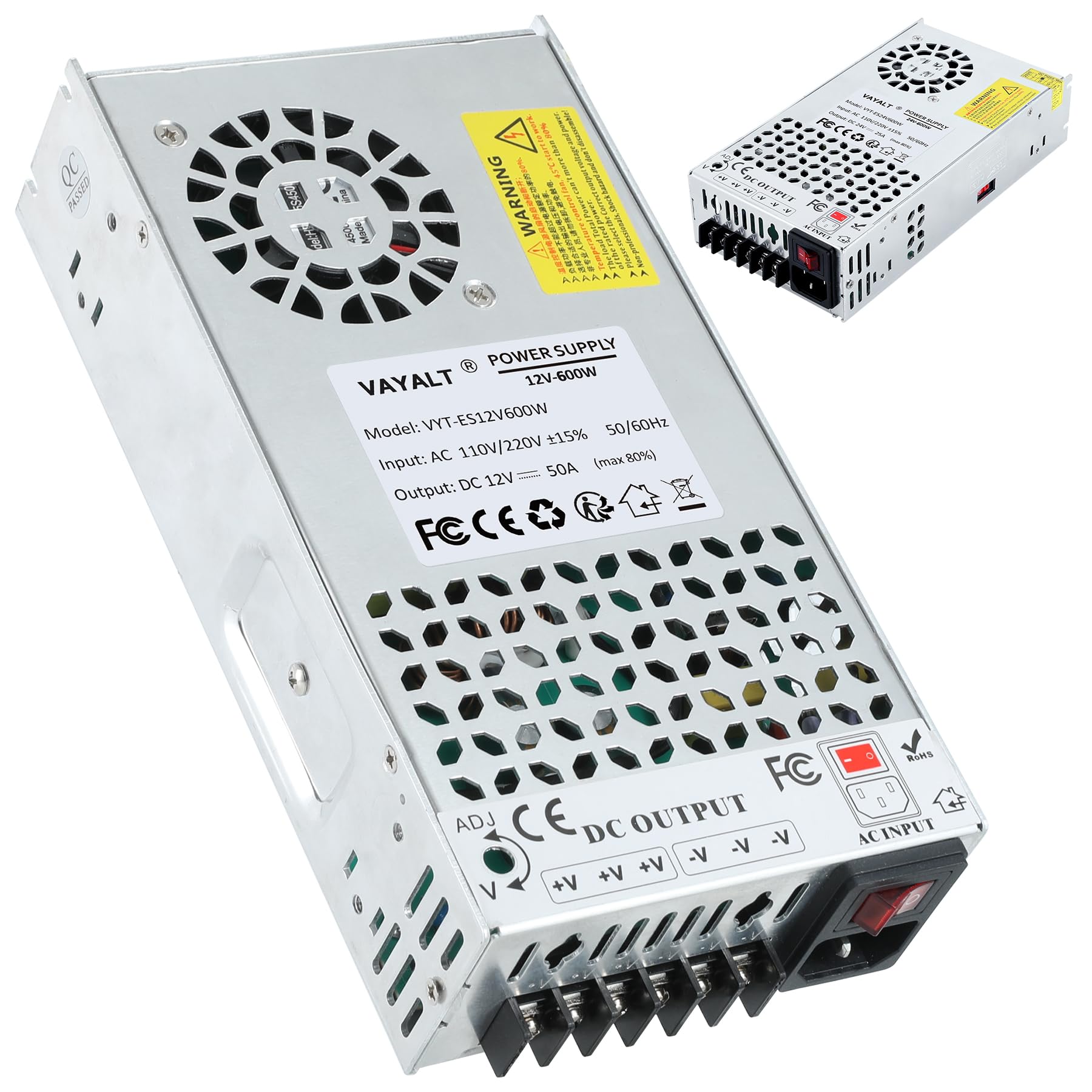 VAYALT New DC 12V 50A 600W Switching Power Supply, SMPS Power Supply, Universal Regulated Switching 110v to 12v Converter, for Industrial, CCTV, Computer Project, LED Strip Light (No Power Cord)