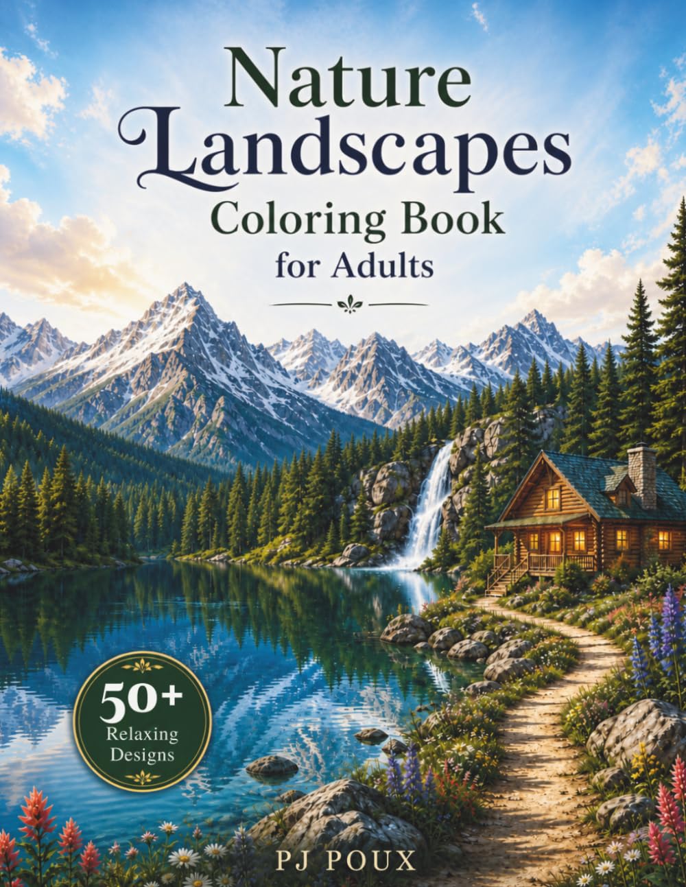 Nature Landscapes Coloring Book for Adults: 50 Relaxing Mountain, Forest, Lake, River, Waterfall, Cabin, and Scenic Trail Designs