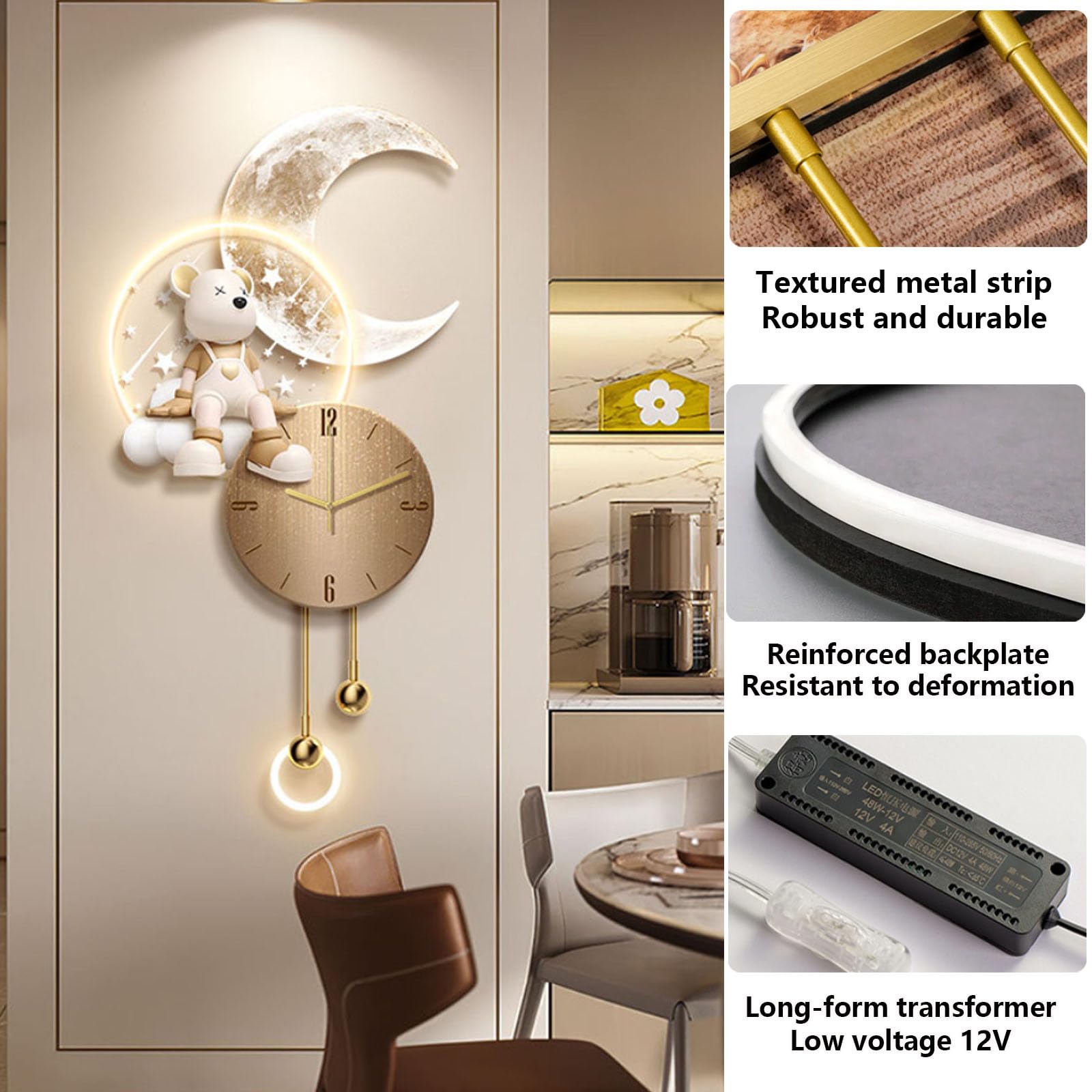 Reloj de pared 3D para salón, luz LED, reloj de precisión con mando a distancia, decoración creativa de pared para pasillos y oficinas, 55 x 106 cm