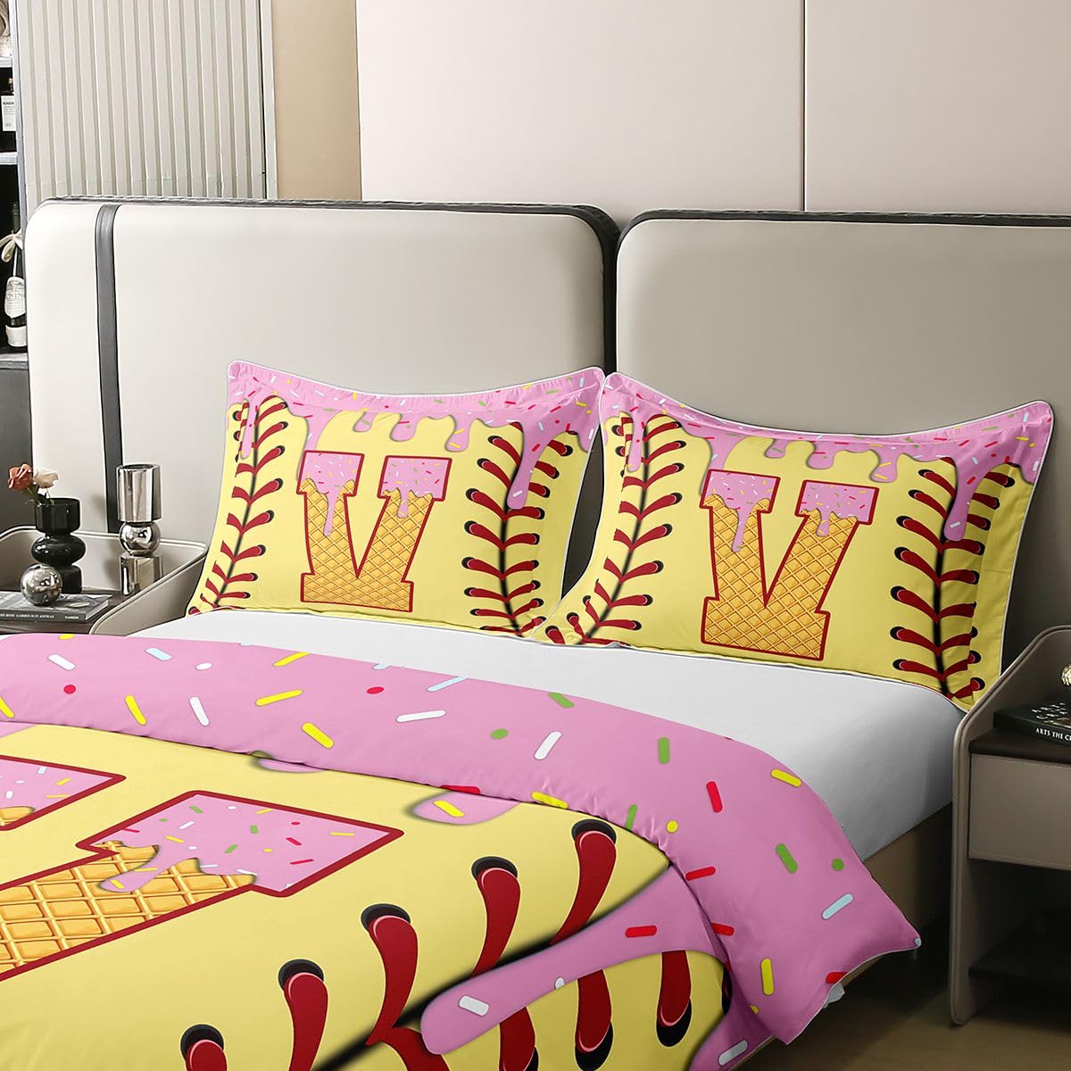 Homwish Lody Baseball poszewka na kołdrę podwójna żółta różowa litera V bawełna zestaw pościeli kreskówka piłka gry sport poszwa na kołdrę słodkie cukierki deser pościel wystrój pokoju zestawy łóżek