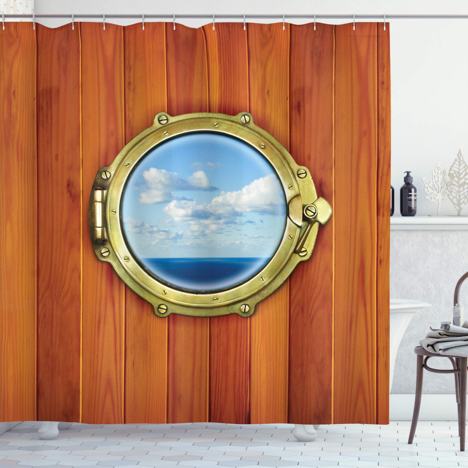 ABAKUHAUS Nautical Shower Curtain, Porthole Wooden Background Window Ship Old Sailing Vessel Print, Cloth Fabric Bathroom Decor Set with Hooks, 70 Inches, Dark Orange Pale Blue — image 1