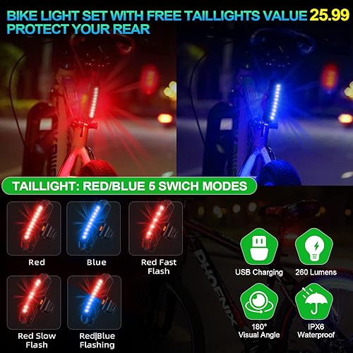 Miniatura 5 de Luces de bicicleta superbrillantes de 6 LED de 9500 lúmenes para conducción nocturna, faros delanteros de bicicleta giratorios de 360, luz de