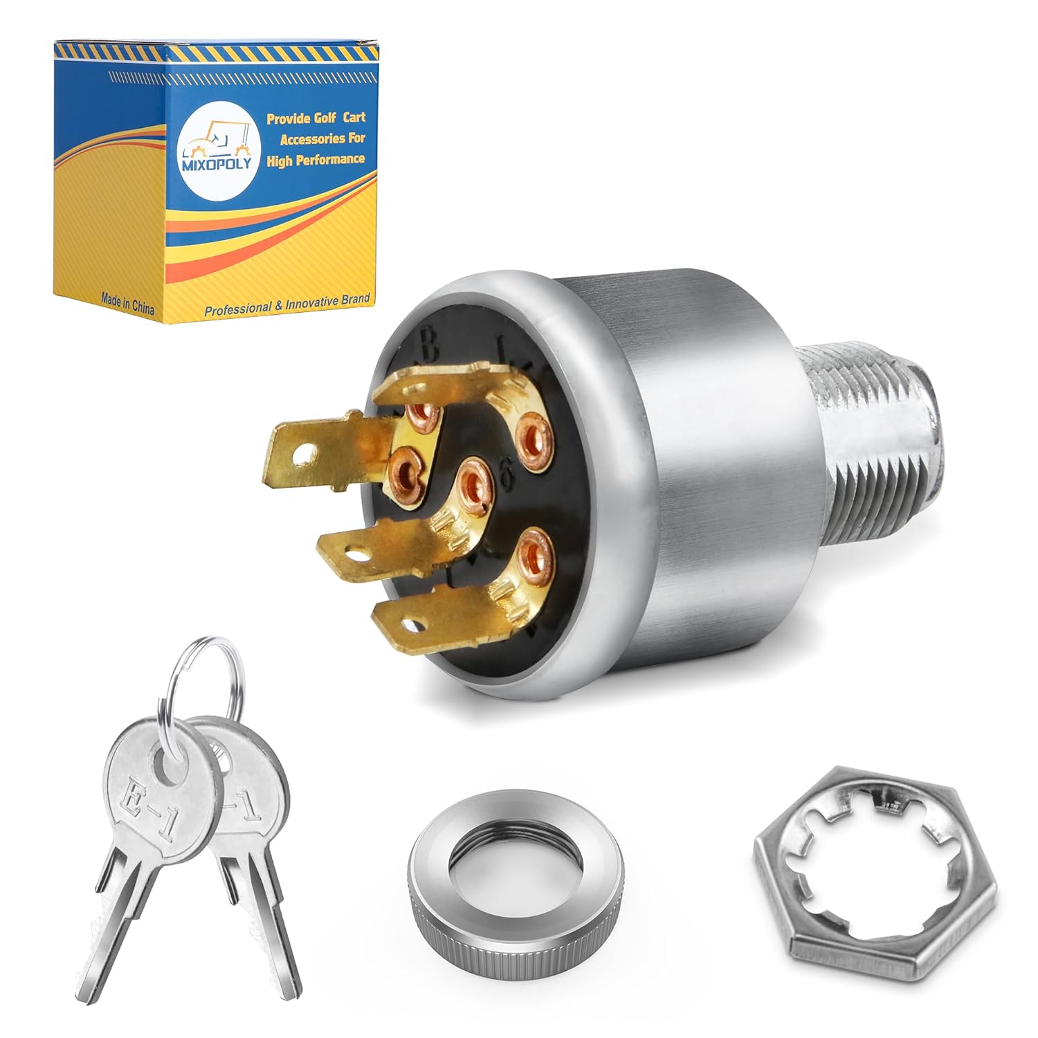 Mixopoly EZGO Golf Cart Ignition Key Switch, 3-Way 4-Terminal, Fits Gas/Electric 1981-Up w/Lights, Replaces OEM 33639-G01