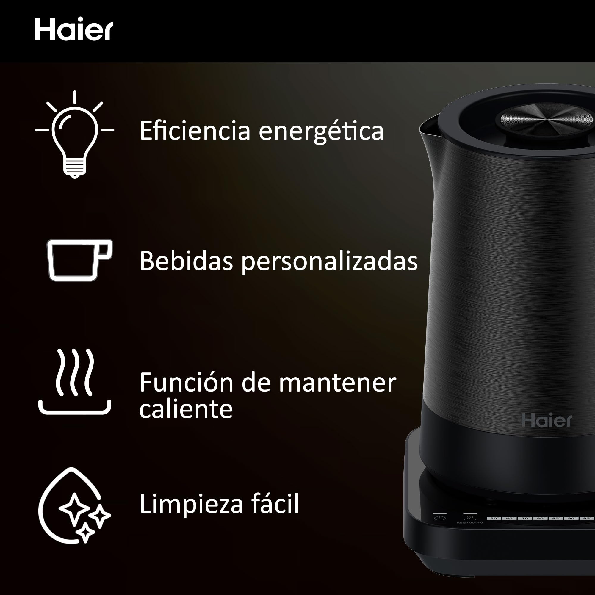 HAIER Hervidor de Acero Inoxidable, Ahorro de Energía, 7 Ajustes de Temperatura, Función Mantener Caliente, Hervir para una Taza, 1.7L, 2200W [I-Master Series 5]