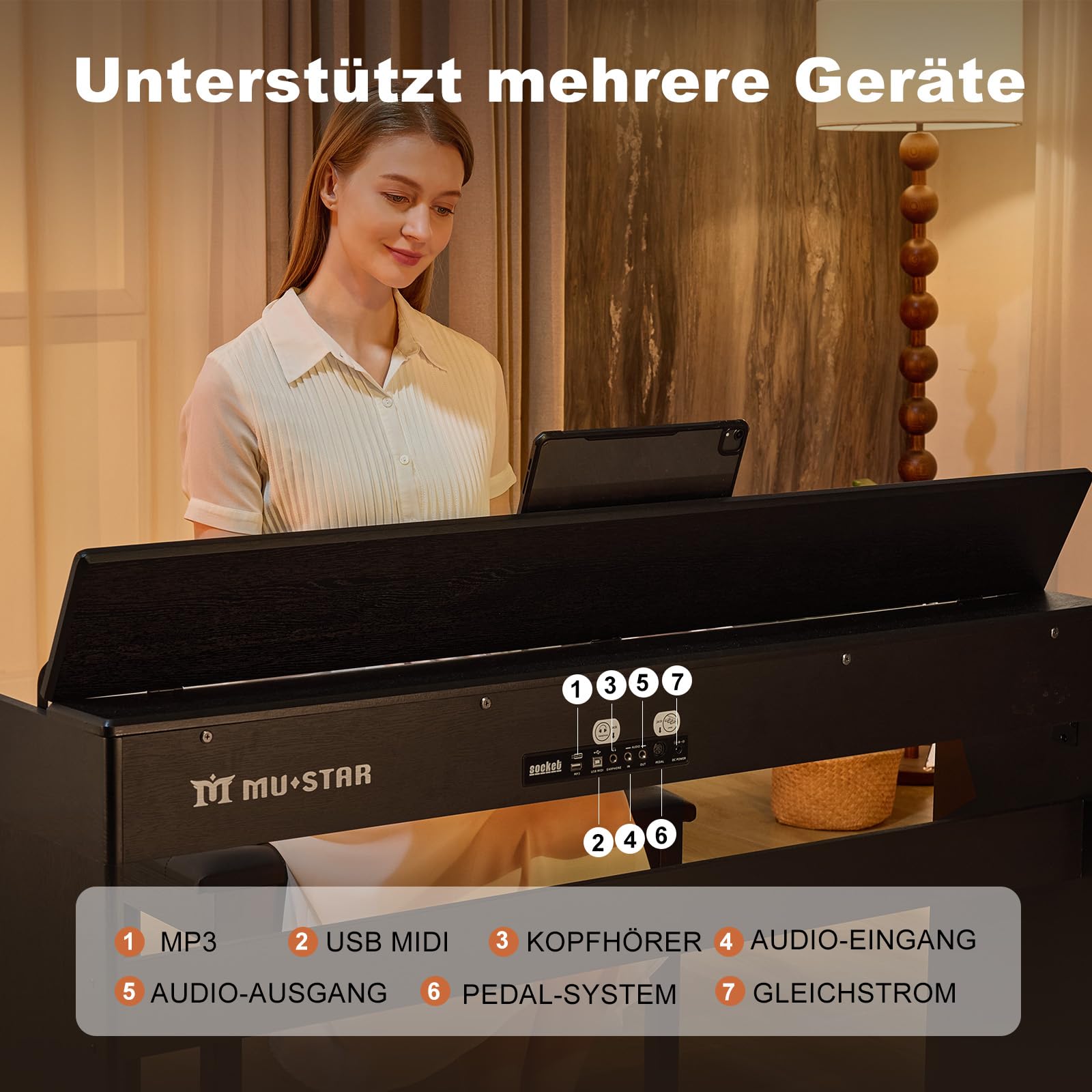 MUSTAR 88 Tasten Digital Piano, Halbgewichtete Tasten Klavier mit USB/MIDI und Bluetooth, Halb-offene Abdeckung, E-Piano mit 3-Pedal-Einheit, Stereolautsprechern, 800 Töne und 64 Polyphony, Schwarz