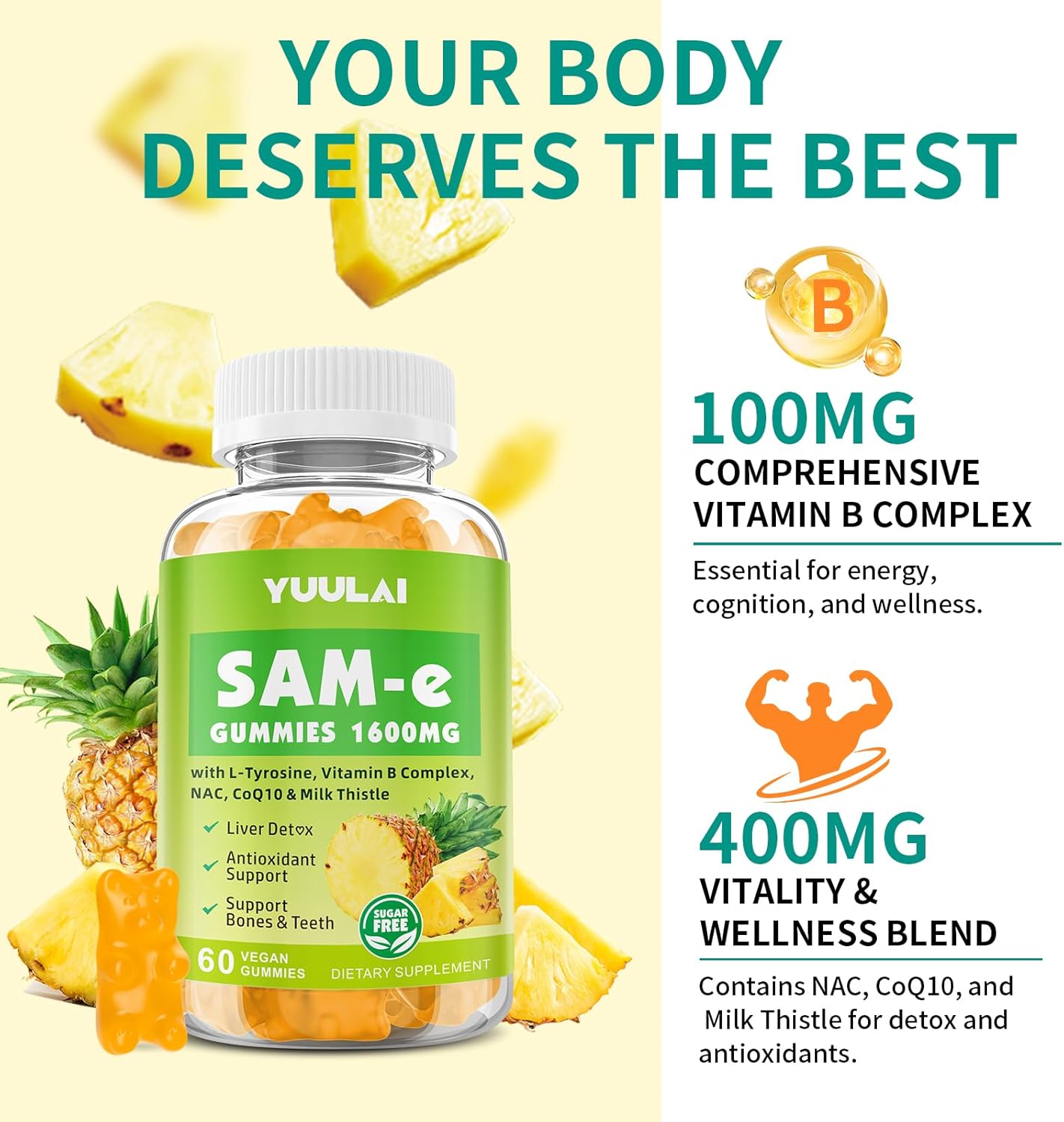 Pack of 2 SAM-e Gummies, Sugar Free 1600mg SAM e Supplement with L-Tyrosine, Vitamin B Complex & NAC, CoQ10, Pineapple Flavor, 120 Count - Image 4