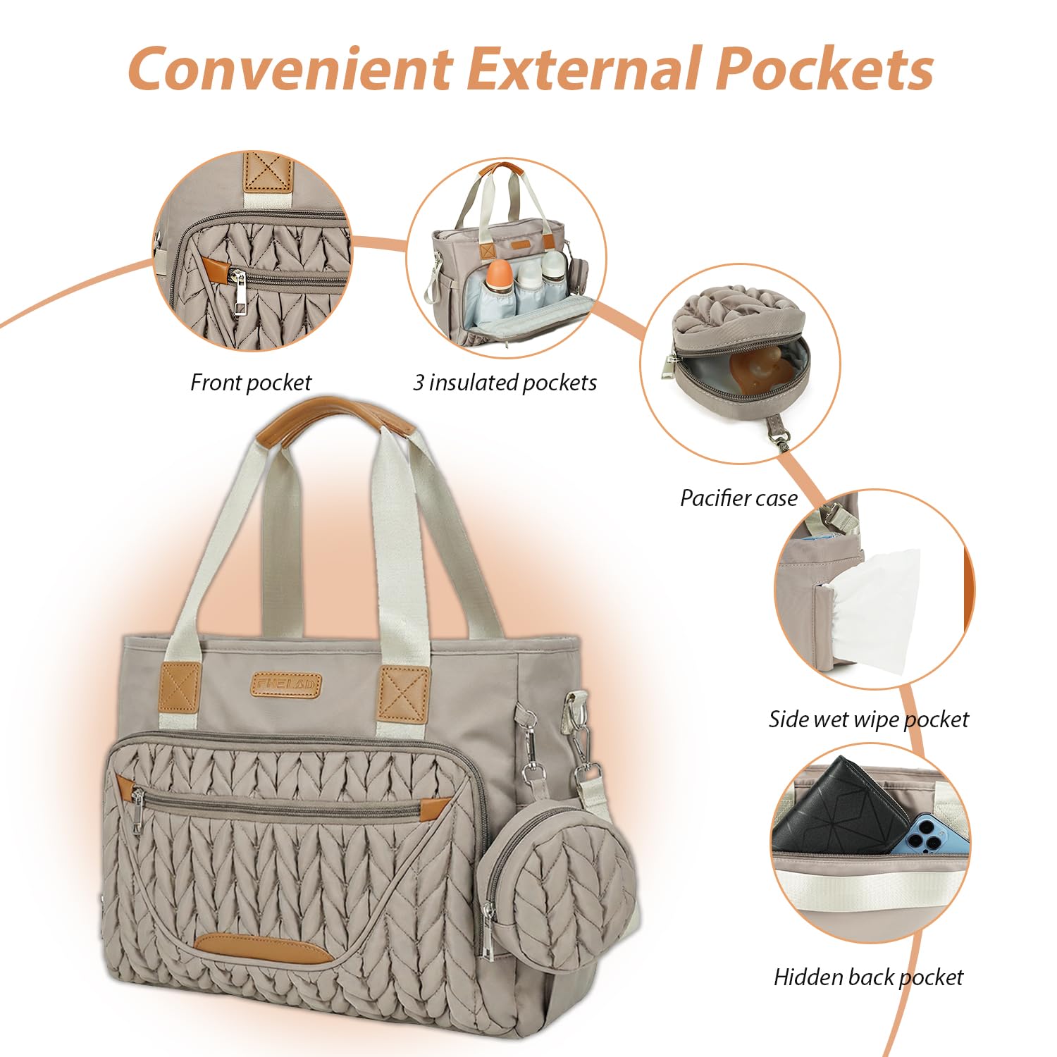 Diaper Bag Tote, Hospital Bag for Labor & Delivery, 16 Pockets 5 Insulated, Waterproof Lightweight Baby Bag with Changing Pad & Pacifier Case, Travel Mom Tote (Brown Taupe)