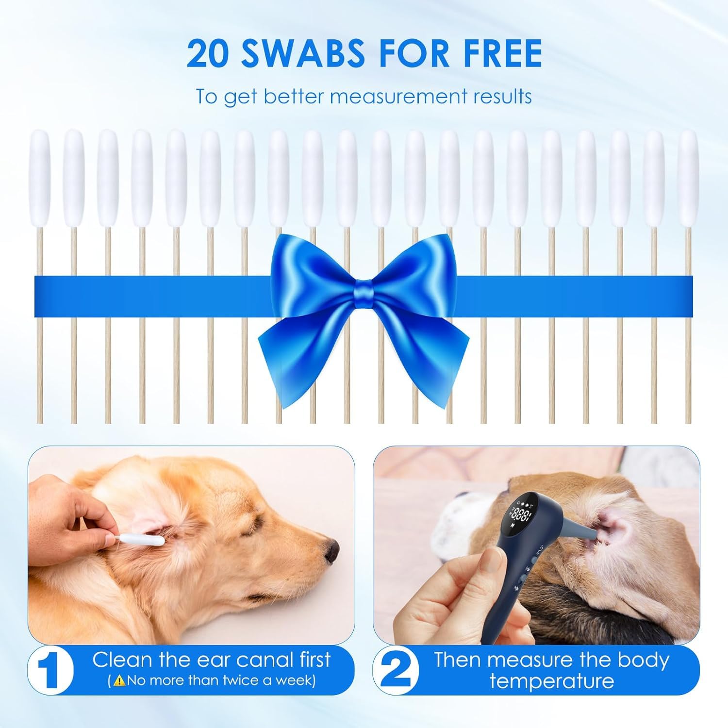 Pet Ear Thermometer for Dogs, Cats, and Livestock, Long Probe Designed, ℃/ ℉ Convert and Sound Switch Dedicated Button, 1 Second Measurement, 20 pcs Pet Swabs Included