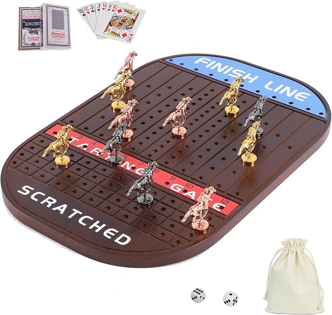 Horse Race Board Game with 11 Luxurious Durable Classic Metal Horses with 4 Dice and 2 Boxes of Cards Thickened Solid Wood Horse Racing Game (Walnut Color，Oval)