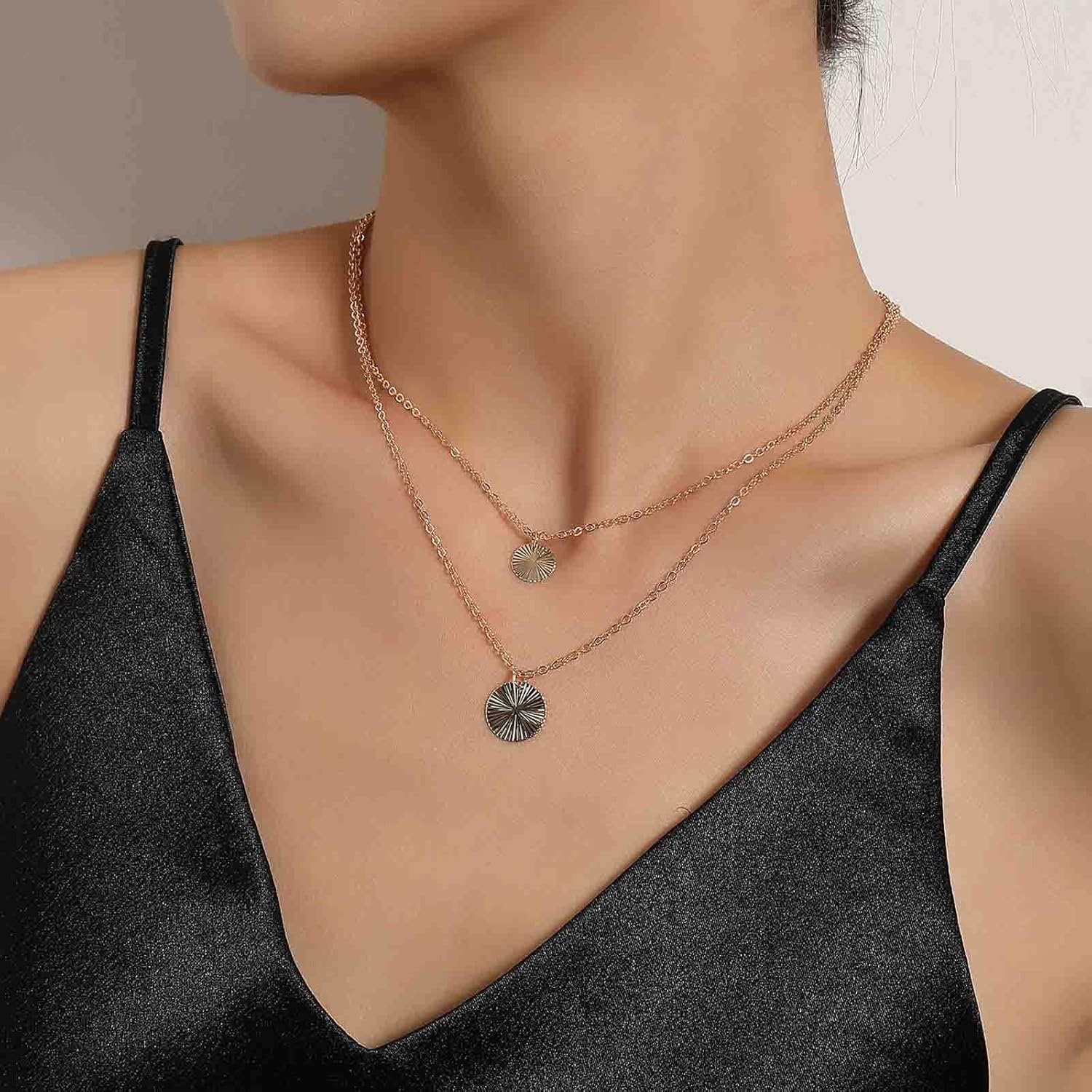 Boho Layered Disc Pendant Necklace Gold Circle Choker Necklace Full Moon Collar Necklace Unbalanced Round Disc Necklace Jewelry for Women and Girls - Image 5