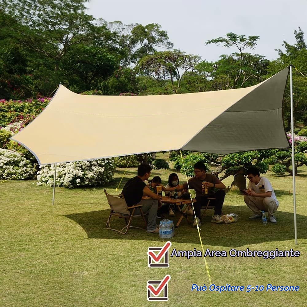 5x5 m Tarp Bushcraft Impermeabile Telo Campeggio Anti-UV 50+ Tenda Parasole Ampia Area D'ombra Terrazza Giardino Tendalino（Senza Pali）