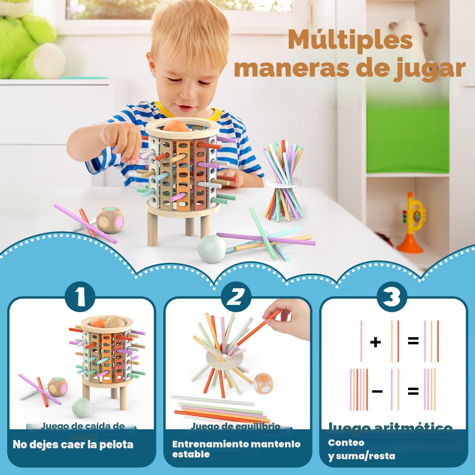 Montessori Juguetes con 28 Palitos de Coloridos Juegos de Mesa Niños Niñas 3 4 5 6 7 8 9 10 11 12 Años Regalo, Juego Educativo Familiar para Cognición y Habilidades Motoras Finas Torre de Madera
