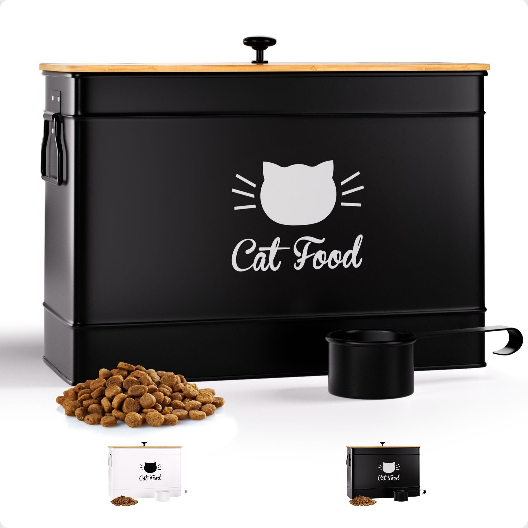 Cat Food Storage Container with Scoop - 15 lb (50 Cup) Capacity Metal Cat Food Container with Airtight Bamboo Lid & Metal Scoop - Airtight Pet Food