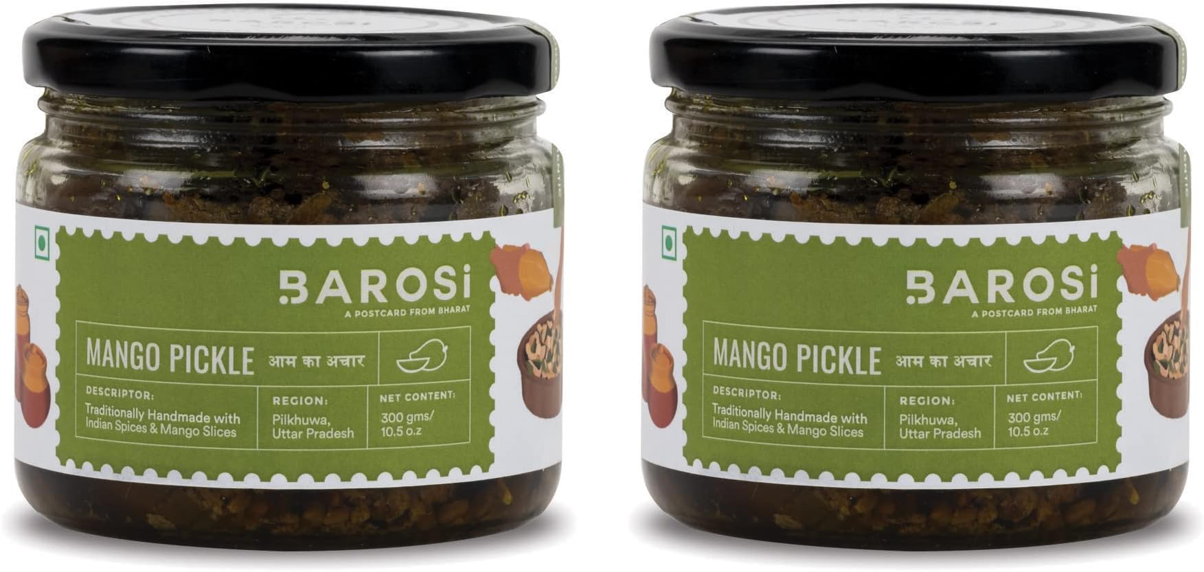 Barosi Mango Pickle | Authentic, Traditional and Handcrafted | Sustainable Glass packaging (300g Each (Pack of 2))