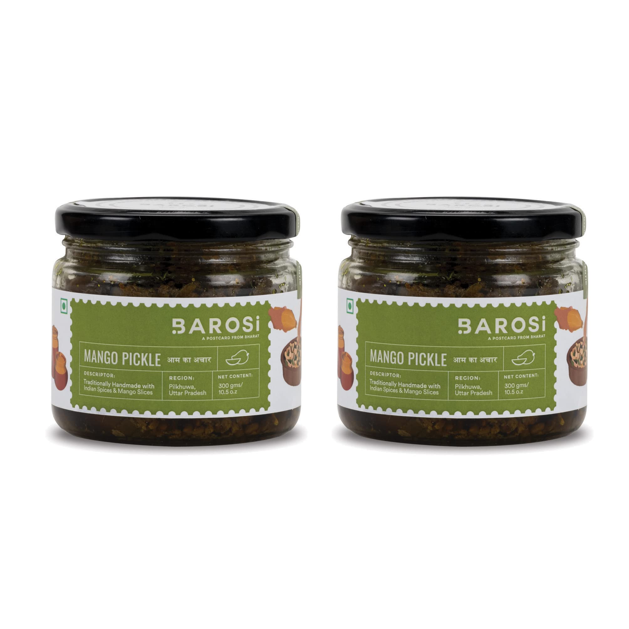 Barosi Mango Pickle | Authentic, Traditional and Handcrafted | Sustainable Glass packaging (300g Each (Pack of 2))
