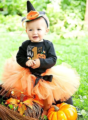 Miniatura 2 de Baby Girls Halloween Outfits My 1st Halloween Romper+ Tutu Dress+ Striated Leg Warmer+ Bunny Headband 4Pcs Outfit Set
