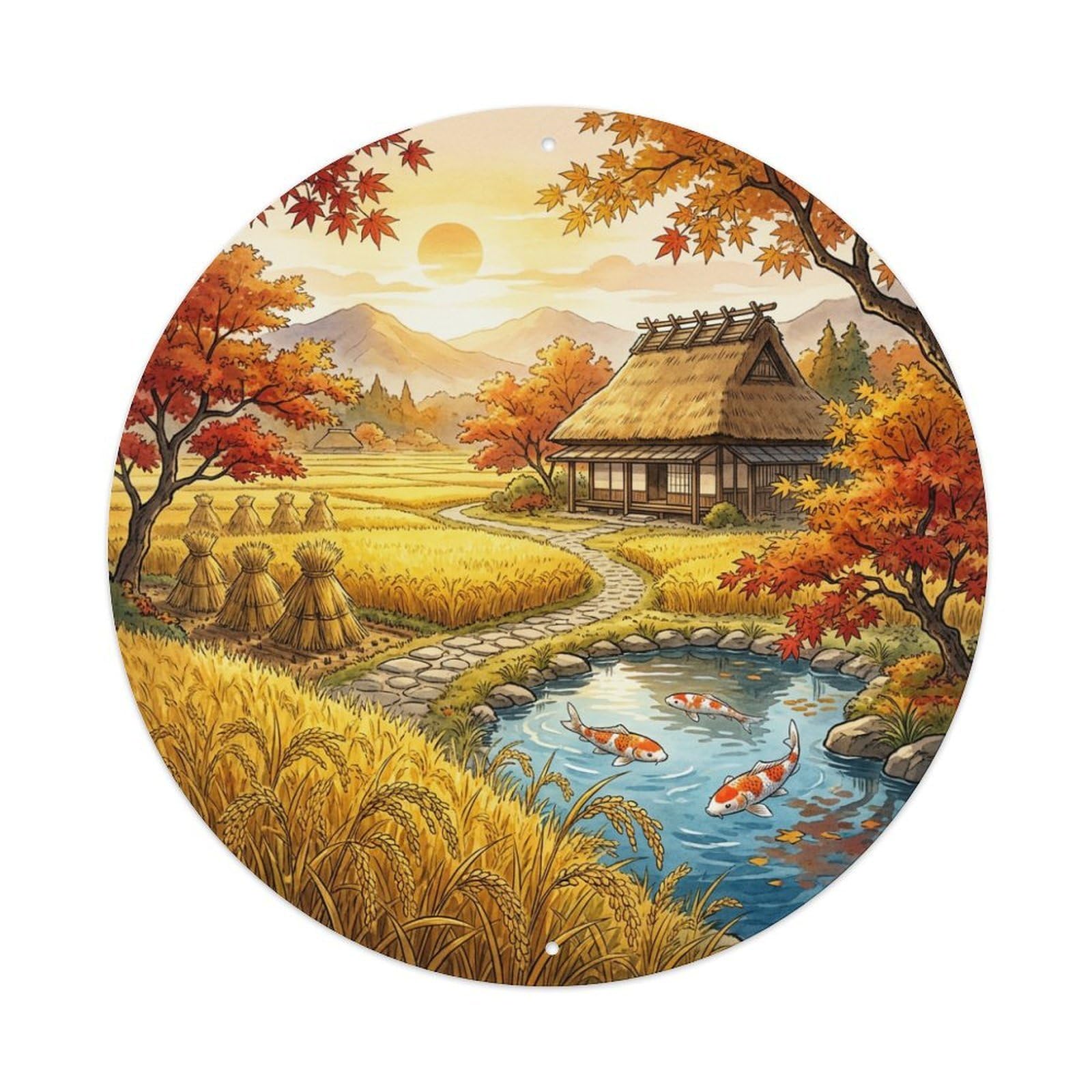 Galvaxio Style Japanese Koi Fish Harvest Fields Golden Rice Metal Tin Sign