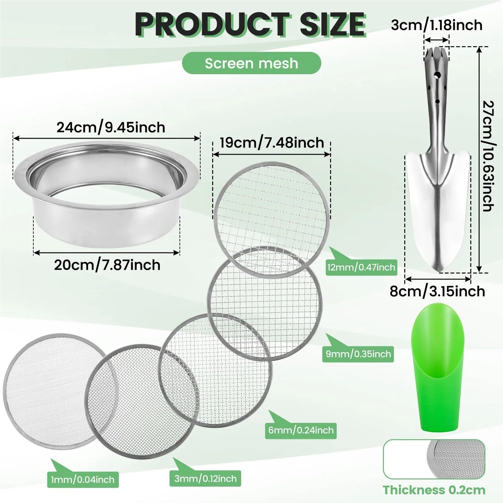 Handheld Seed Planter Gartenerde-Sieb-Set, Edelstahl, Bonsai-Steinsieb mit 5 auswechselbaren Filtermaschengrößen(A)
