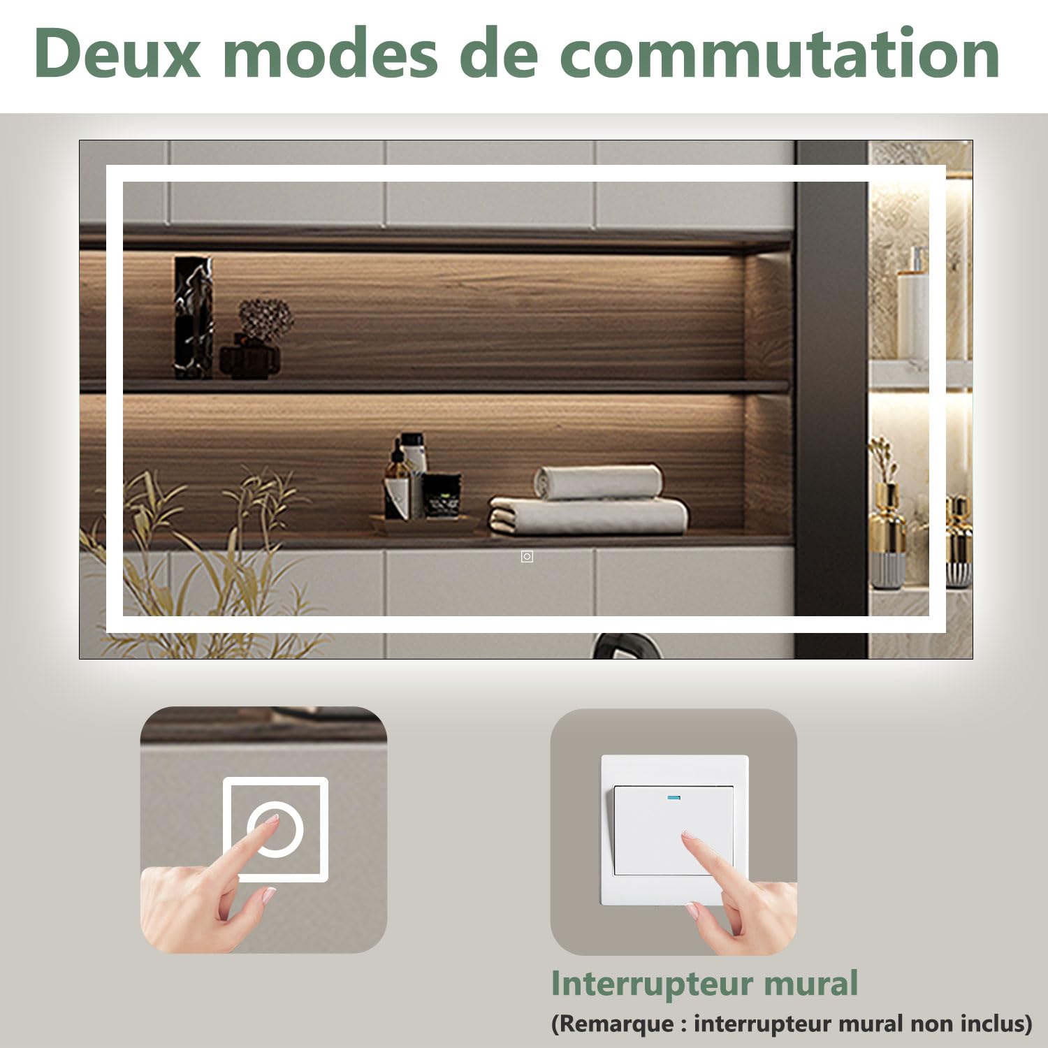 AICA Miroir Salle de Bain 80 x 60cm Anti-buée +dimmable + mémoire, Miroir Lumineux LED