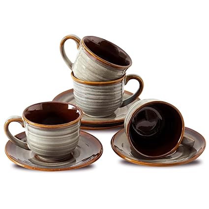 Hasense Ceramic Tea Cups and Saucers, 8oz Cappuccino Cups Set of 4, Espresso Coffee Mugs for Home and Office, Perfect for Coffee, Cappuccino, Latte, Americano, Milk and Tea - Grey Brown
