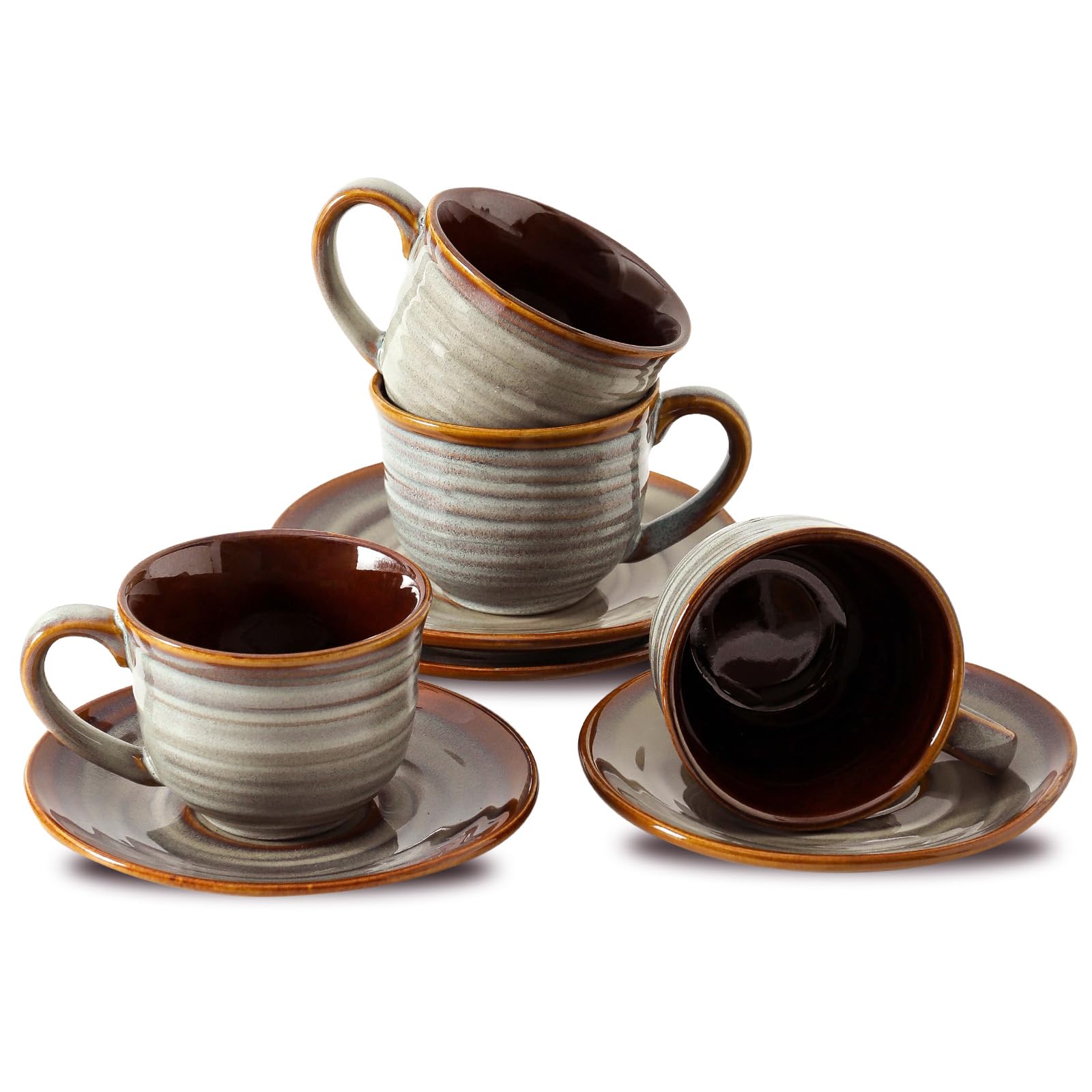 Hasense Ceramic Tea Cups and Saucers, 8oz Cappuccino Cups Set of 4, Espresso Coffee Mugs for Home and Office, Perfect for Coffee, Cappuccino, Latte,