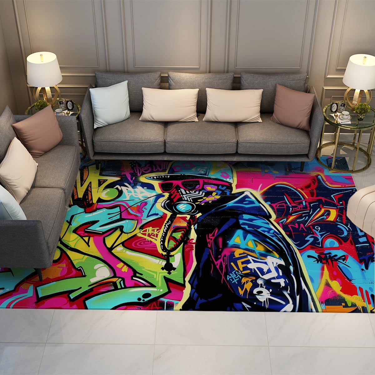 Tapis antidérapant style graffiti urbain pour chambre d'ado et salon moderne