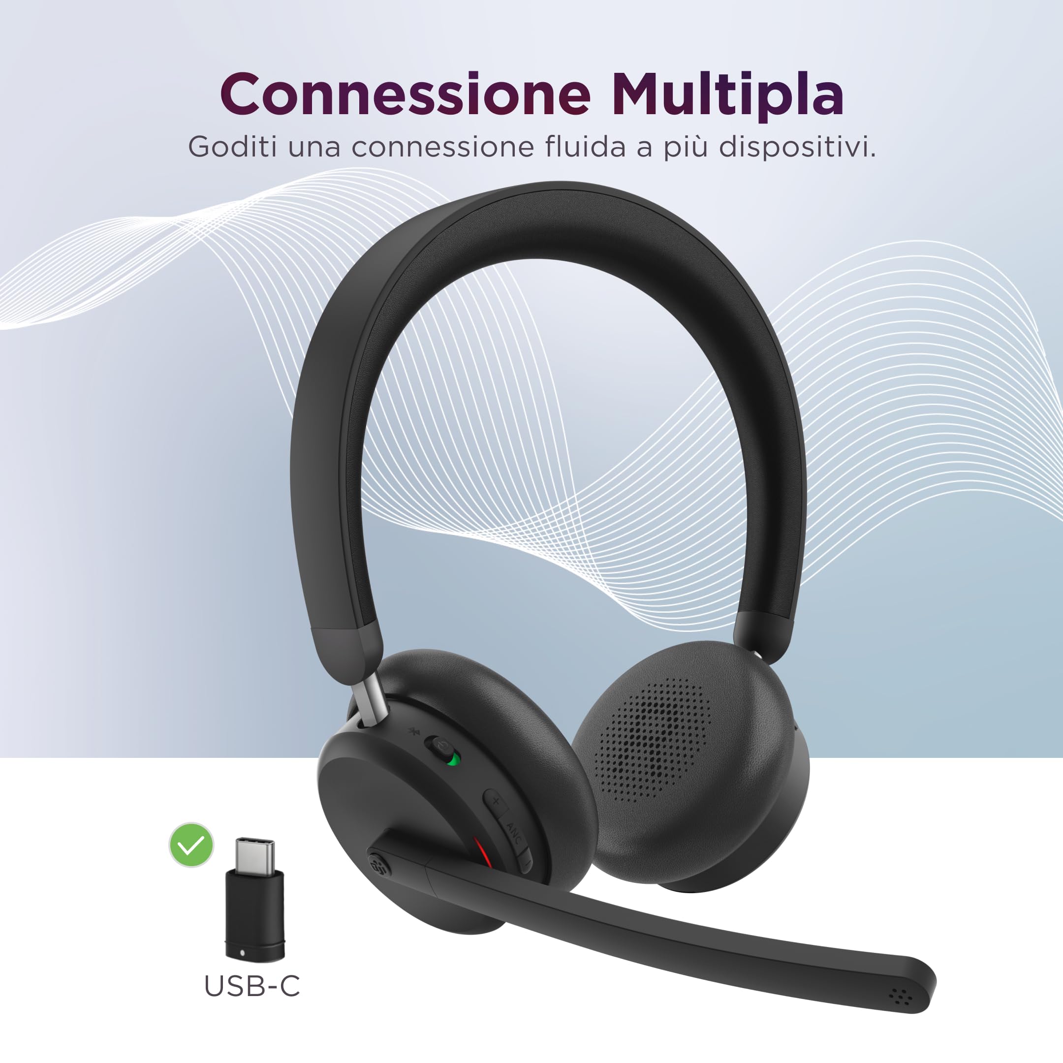 Lenovo Dual-Mode Wireless ANC Headset 6550 per Teams, cuffie wireless Bluetooth 5.3 con ANC ibrida ed ENC AI, ricevitore USB-C, 360° busy light, autonomia fino a 60h