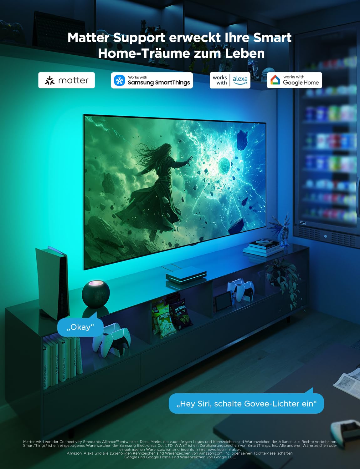 Govee HDMI 2.1 Sync Box AI Kit 2, inkl. TV Hintergrundbeleuchtung | Unterstützt 8K@60Hz, 4K@144Hz, VRR und ALLM, funktioniert mit Matter, RGBIC LED Strip für 55-65 Zoll Fernseher, 75 LEDs/m