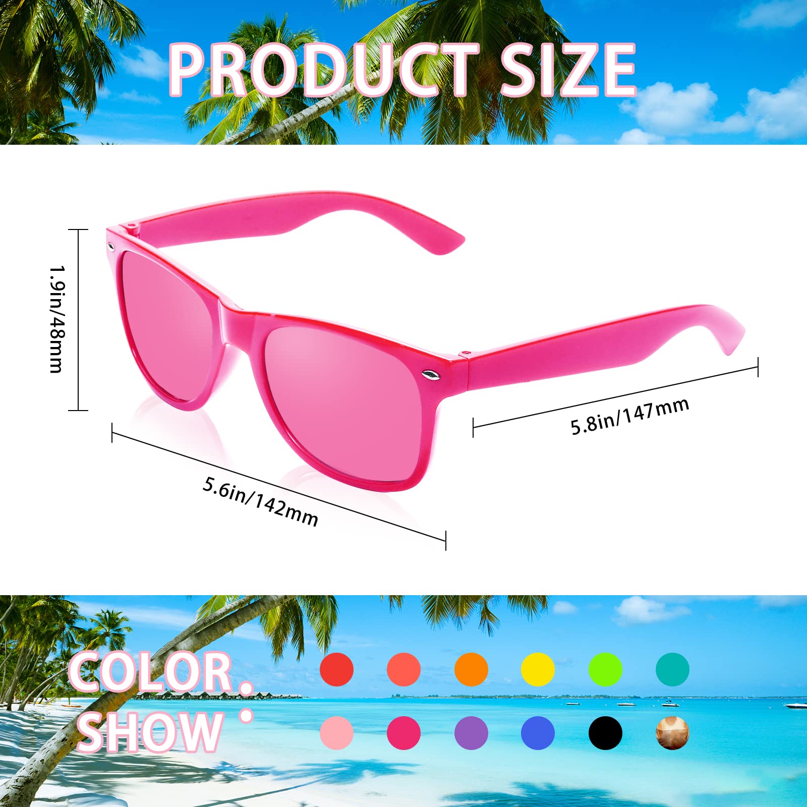 SUNOVELTIES Okulary przeciwsłoneczne w stylu retro, neonowe, klasyczne, galaretki, rogi, rimmed, dla mężczyzn i kobiet, na urodziny, wieczór panieński, lato, urlop, imprezy, 12 sztuk