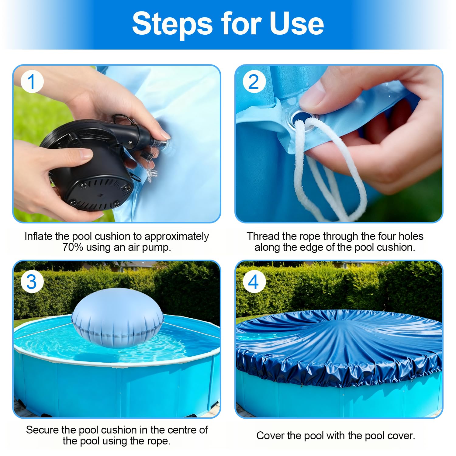2 Poolkissen Winter 1.2×1.2 m Luftkissen Pool Verdickte PVC Pool Kissen Winter 1 Eckige und 1 Poolkissen Rund 360 EIS und Schneefest für Aufstell-Pool Whirlpool Outdoor Winterfest usw Hell/Hochblau