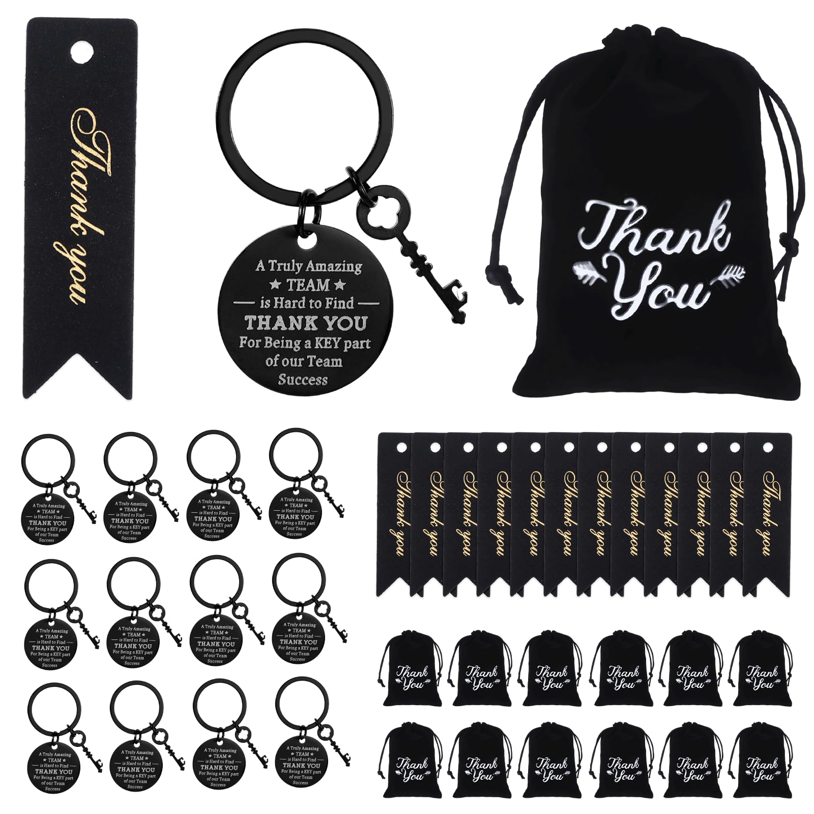 12 Sets Thank You Keychain Gifts,Inspirational Keychain,Thank You Keyring Employee Appreciation Gifts with Twill Bags & Thank You Tags for Colleagues Teacher Nurse Staff Leaving New Job (Black)
