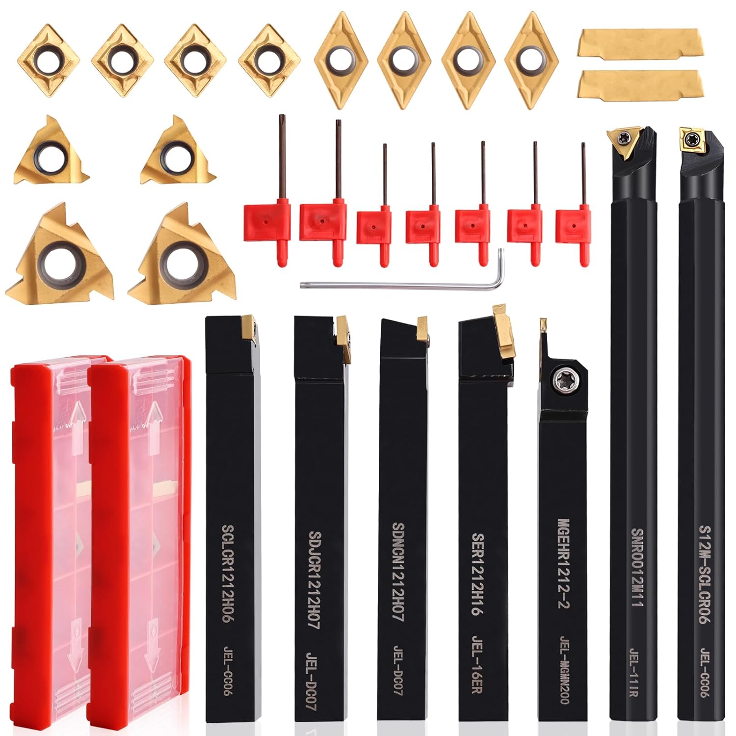 NORJIN 28Pcs Indexable Lathe Tool Set, 7Pcs 1/2" (12mm) Shank Metal Lathe Turning Tool Holders with 14 Carbide Inserts for Turning, Grooving, Threading & Boring