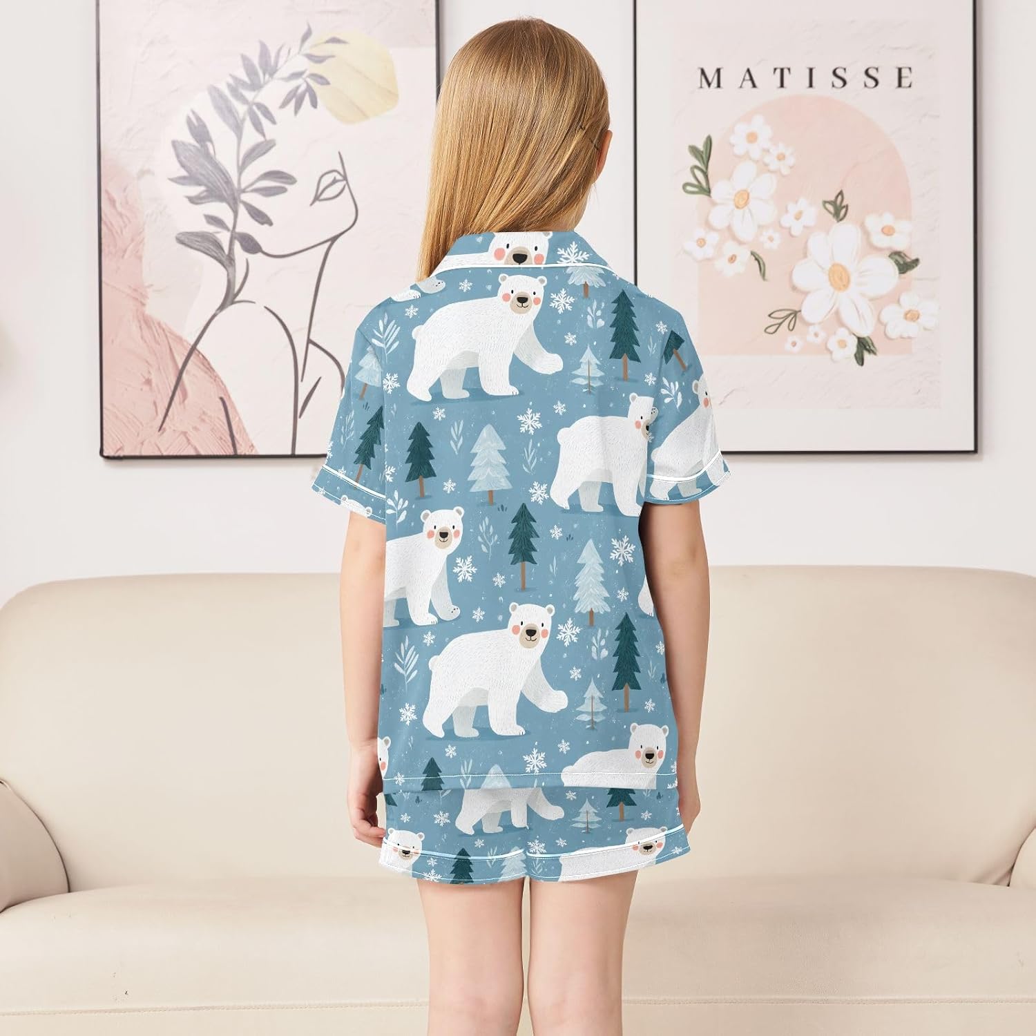 Kids Satin Wear Set Polar Bear Tree Snow Pattern Relaxed Fit Clothing Short Sleeve and Shorts