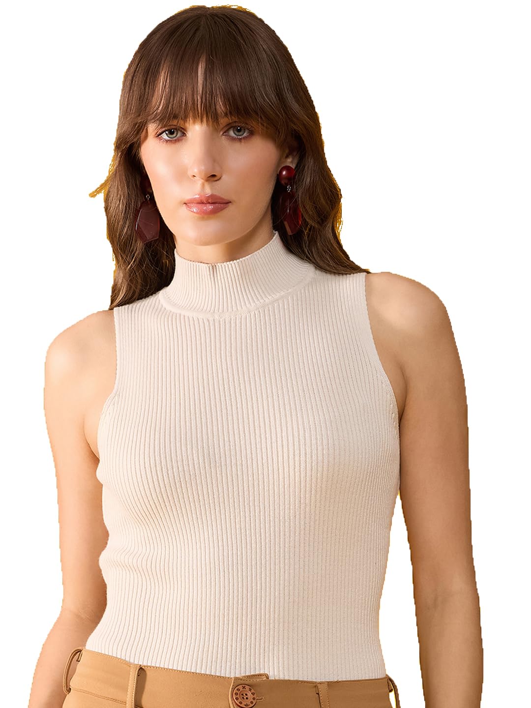 98 north 98 Degree North Women Cotton Self Design Turtle Neck Sleeveless Top-RG11124-OFFWHITE-picture-12