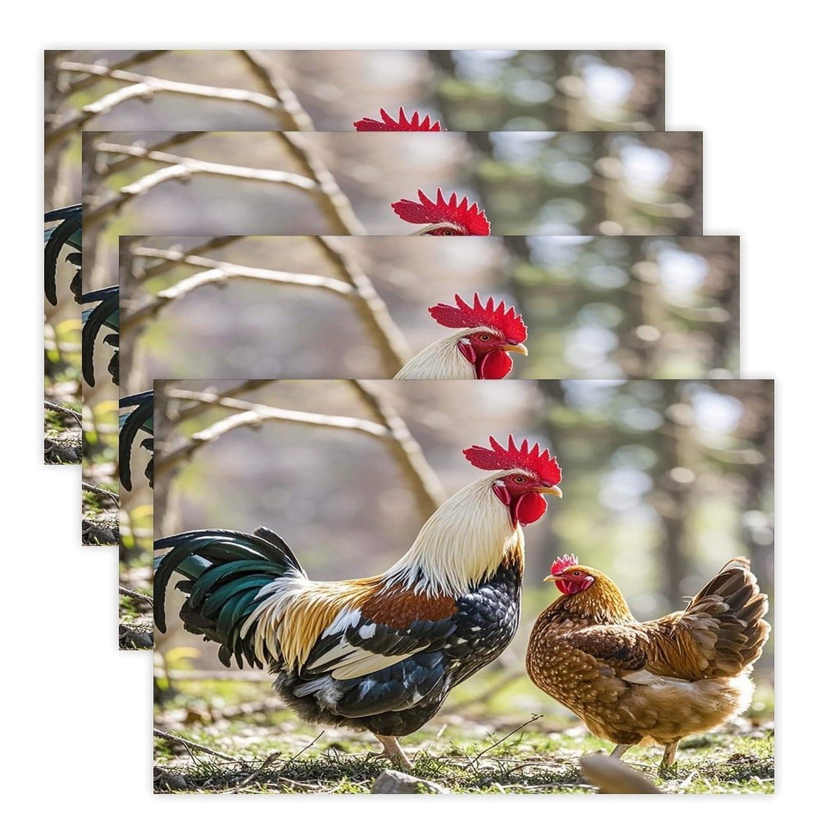 Rooster and Hen Placemats Flax Place Mats for Dining Table Rectangle Non-Slip Table Mats Heat Resistant Washable Placemat for Kitchen Home Decor Party Outdoor 12" X 18"